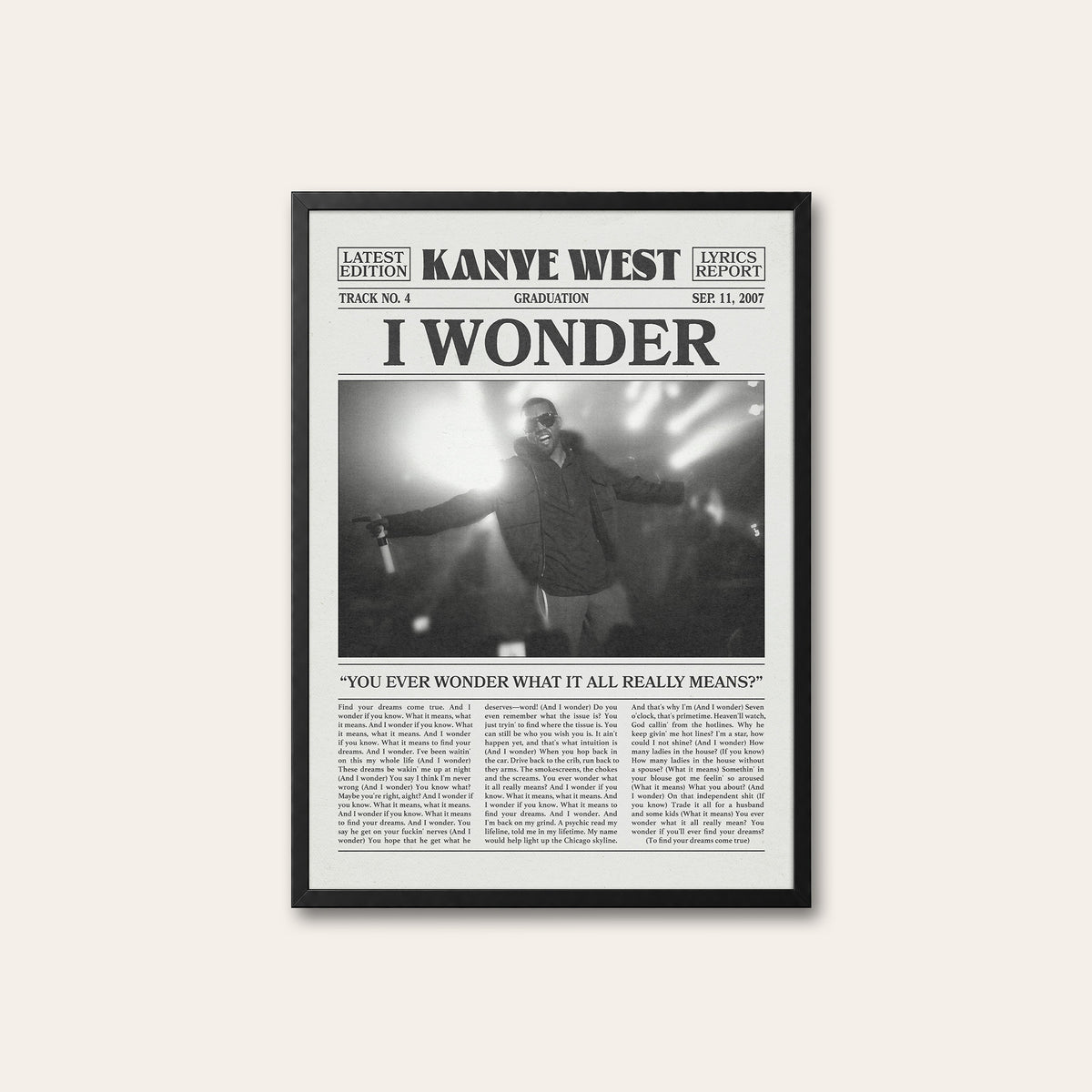 Kanye West I Wonder newspaper poster — black frame