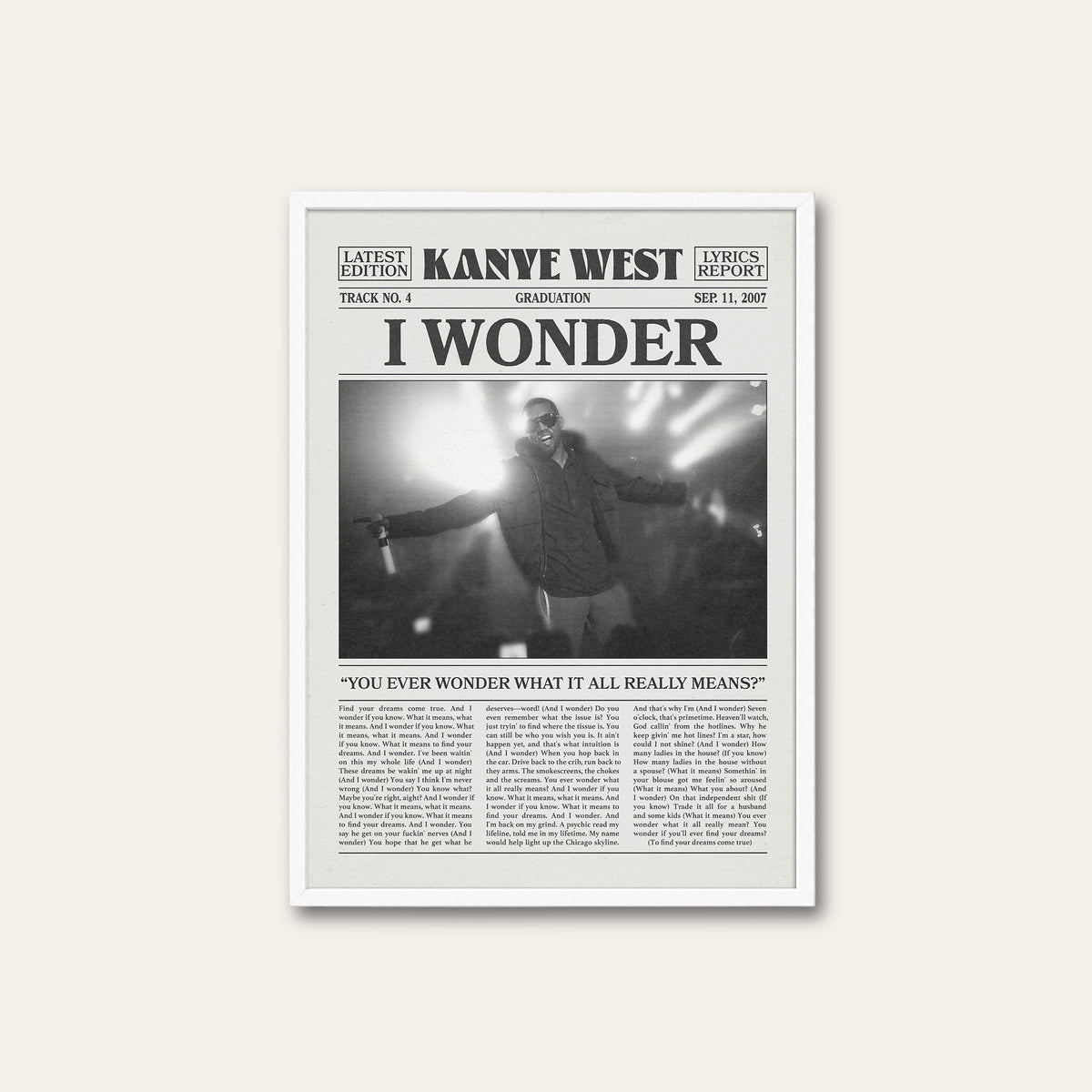Kanye West I Wonder newspaper poster — white frame