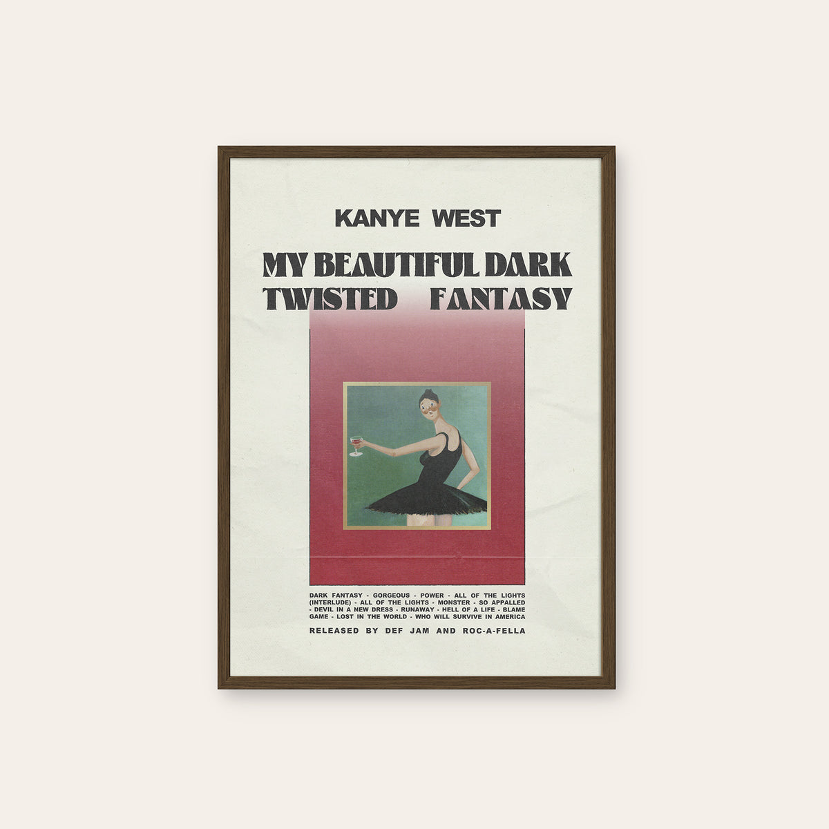 Kanye West My Beautiful Dark Twisted Fantasy album poster — dark wood frame