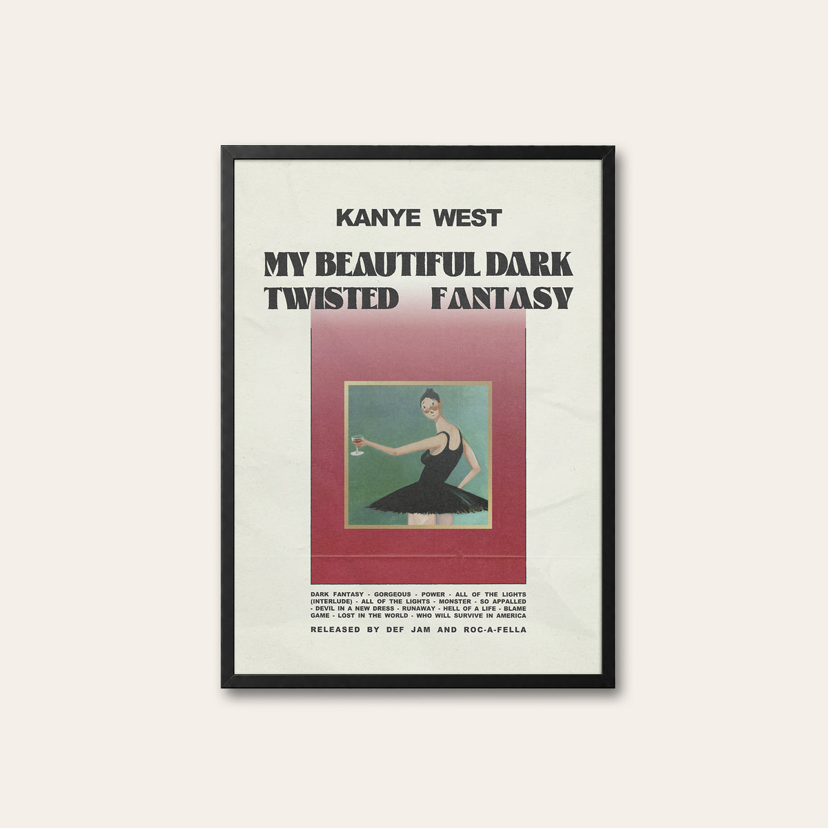 Kanye West My Beautiful Dark Twisted Fantasy album poster — black frame