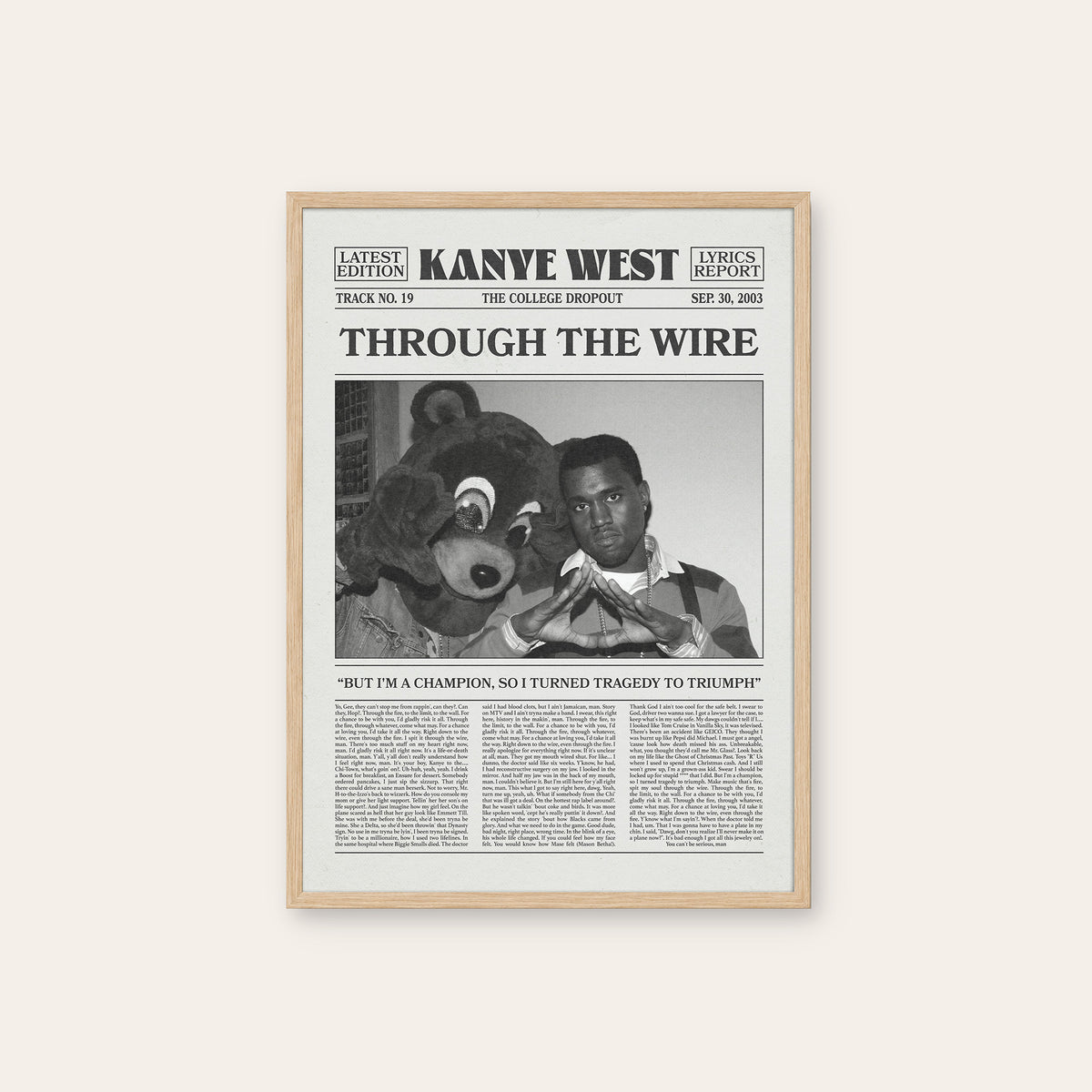 Kanye West Through the Wire newspaper poster — natural wood frame