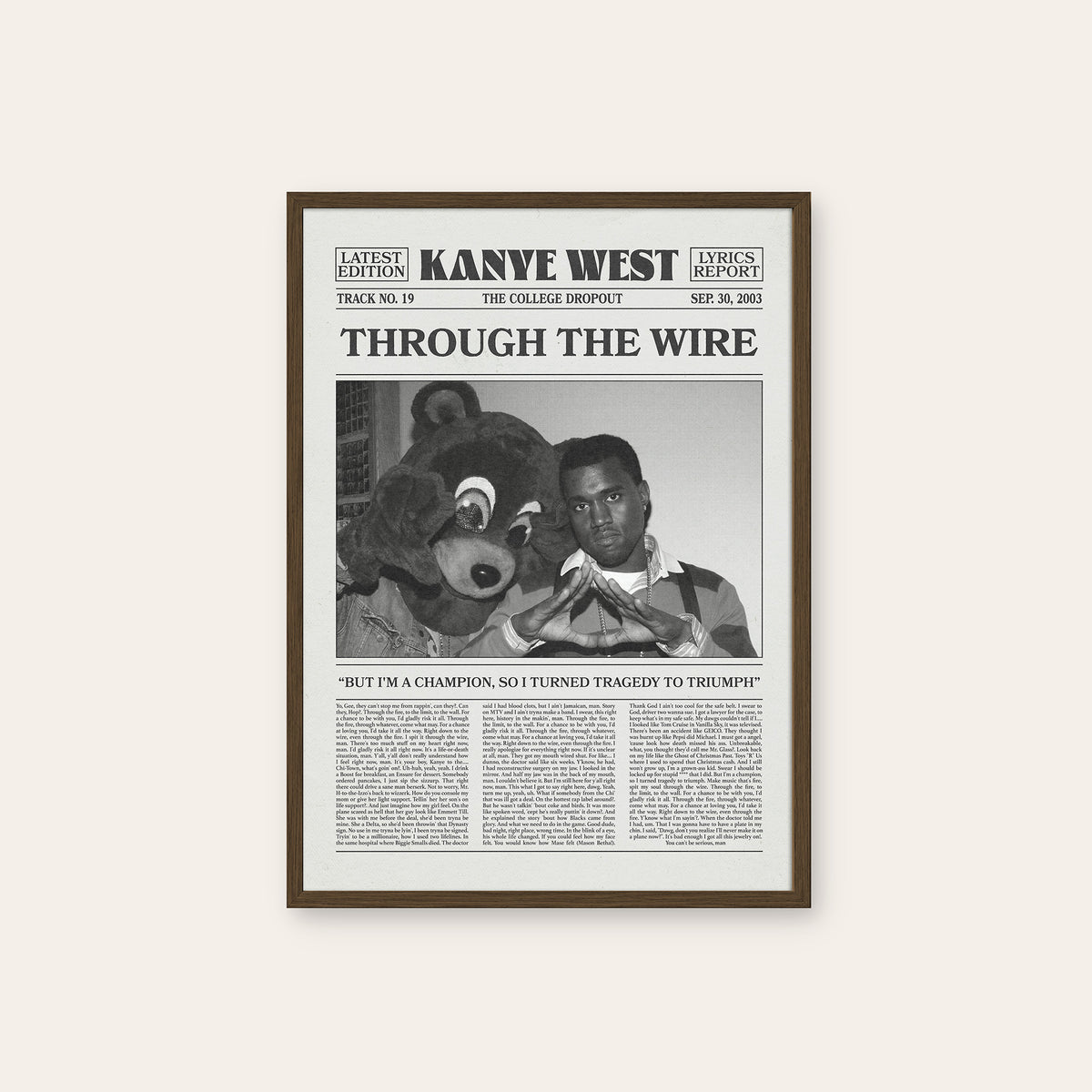 Kanye West Through the Wire newspaper poster — dark wood frame