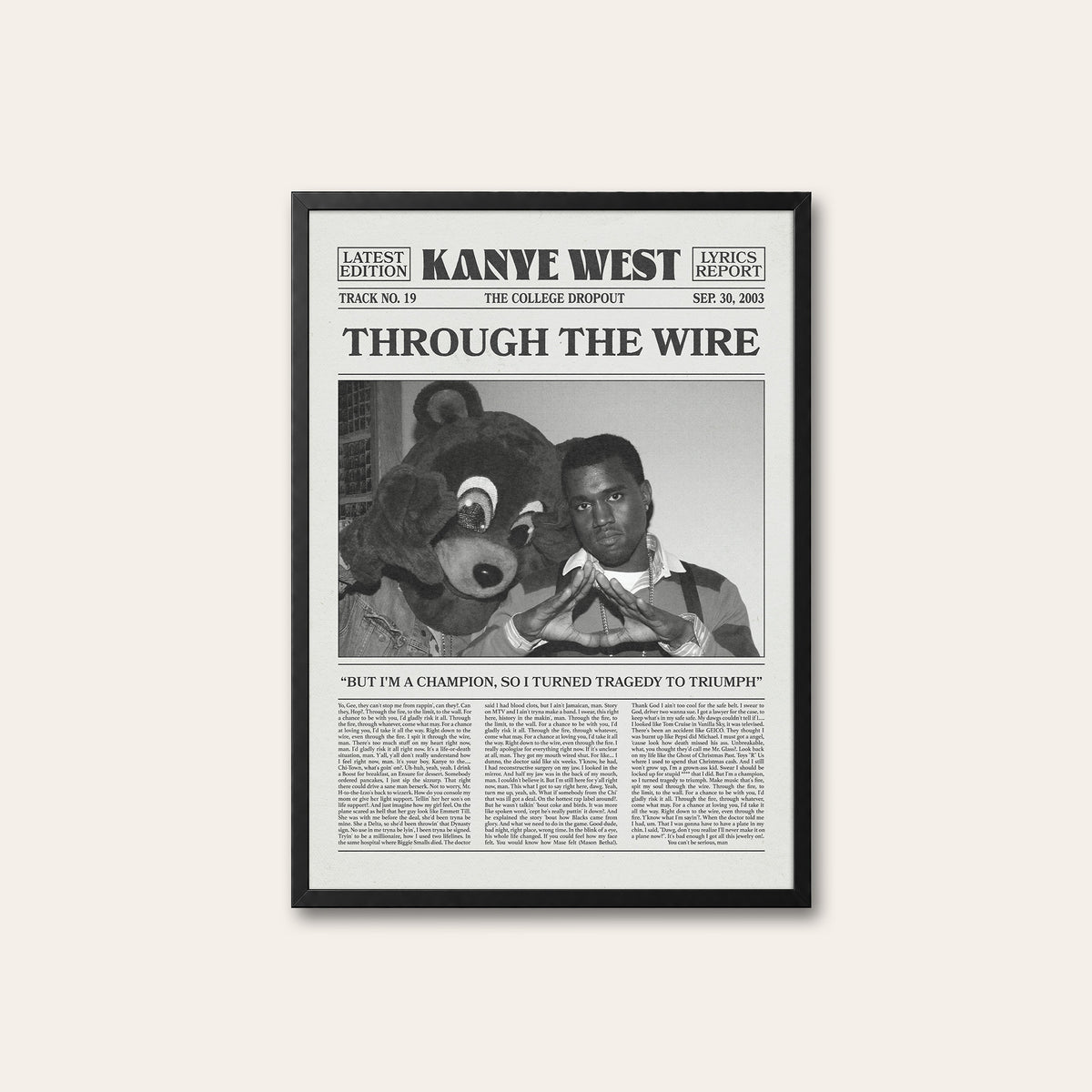Kanye West Through the Wire newspaper poster — black frame