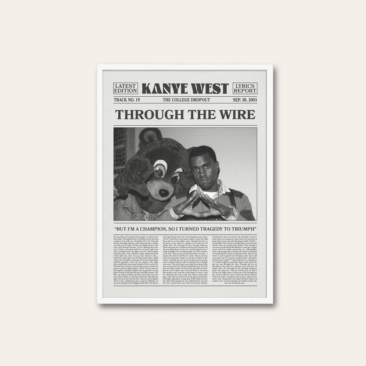 Kanye West Through the Wire newspaper poster — white frame