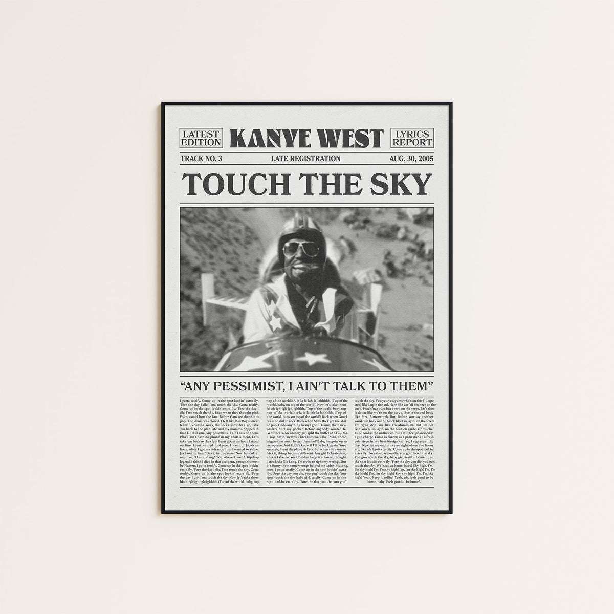 Kanye West Touch the Sky newspaper poster — black frame display