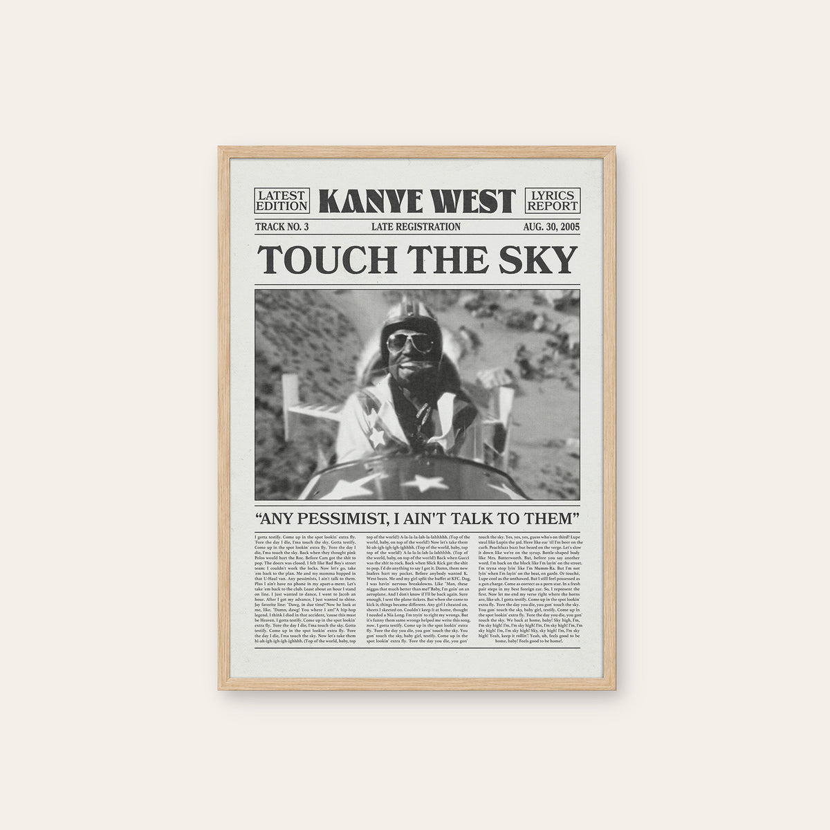 Kanye West Touch the Sky newspaper poster — natural wood frame
