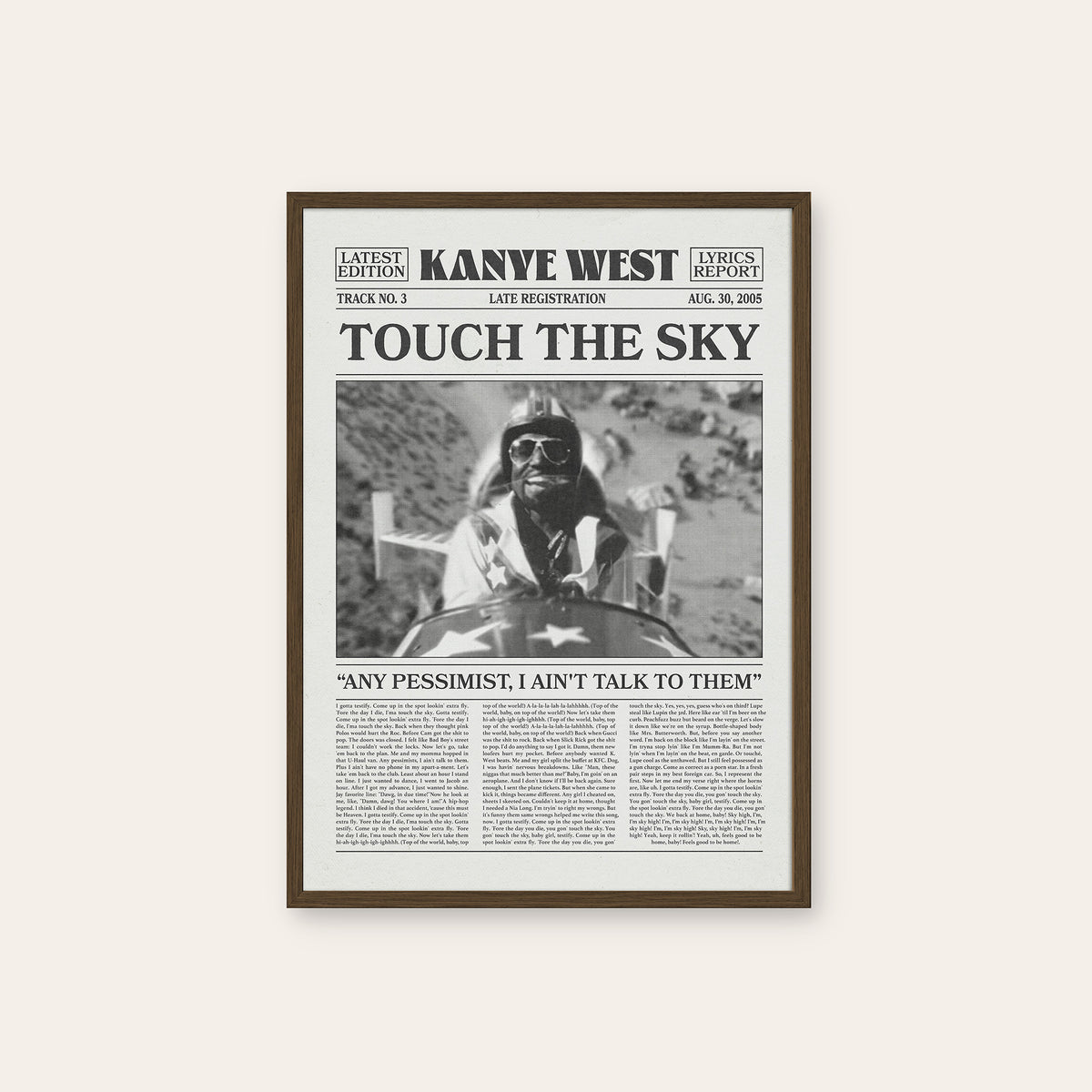 Kanye West Touch the Sky newspaper poster — dark wood frame
