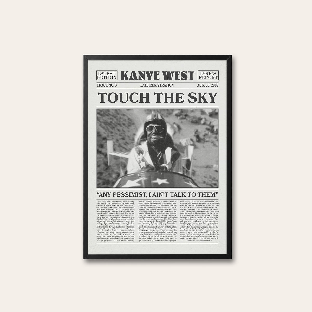 Kanye West Touch the Sky newspaper poster — black frame