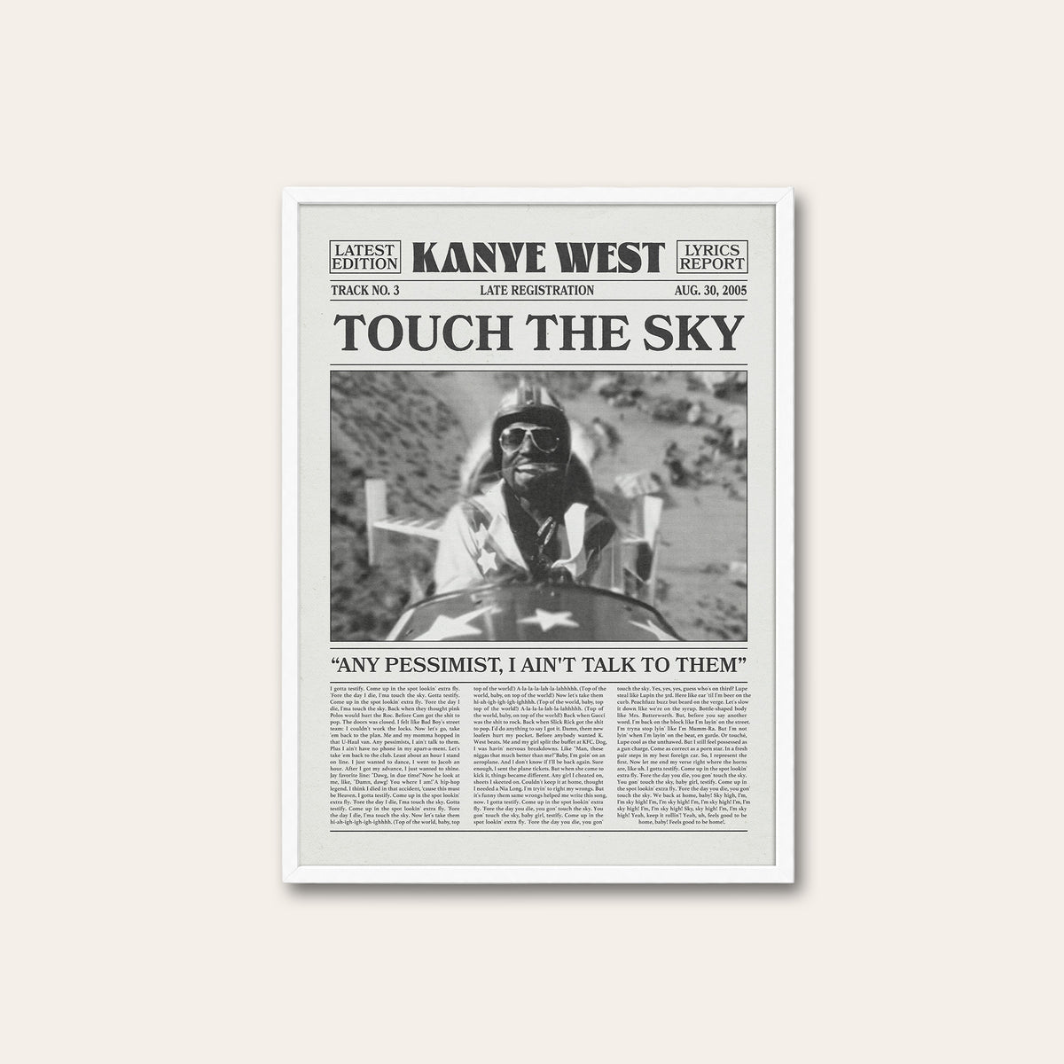 Kanye West Touch the Sky newspaper poster — white frame