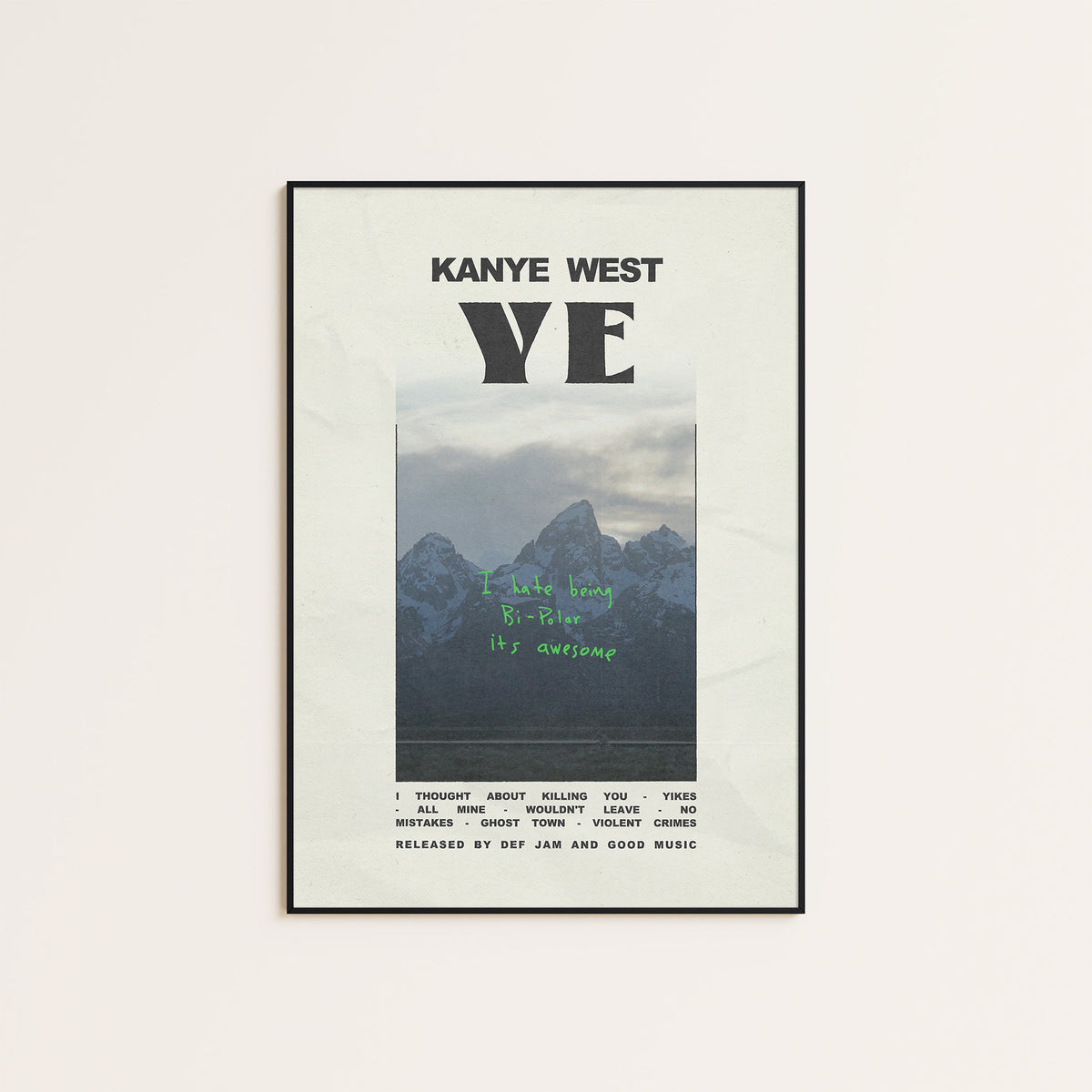 Kanye West Ye album poster — black frame display
