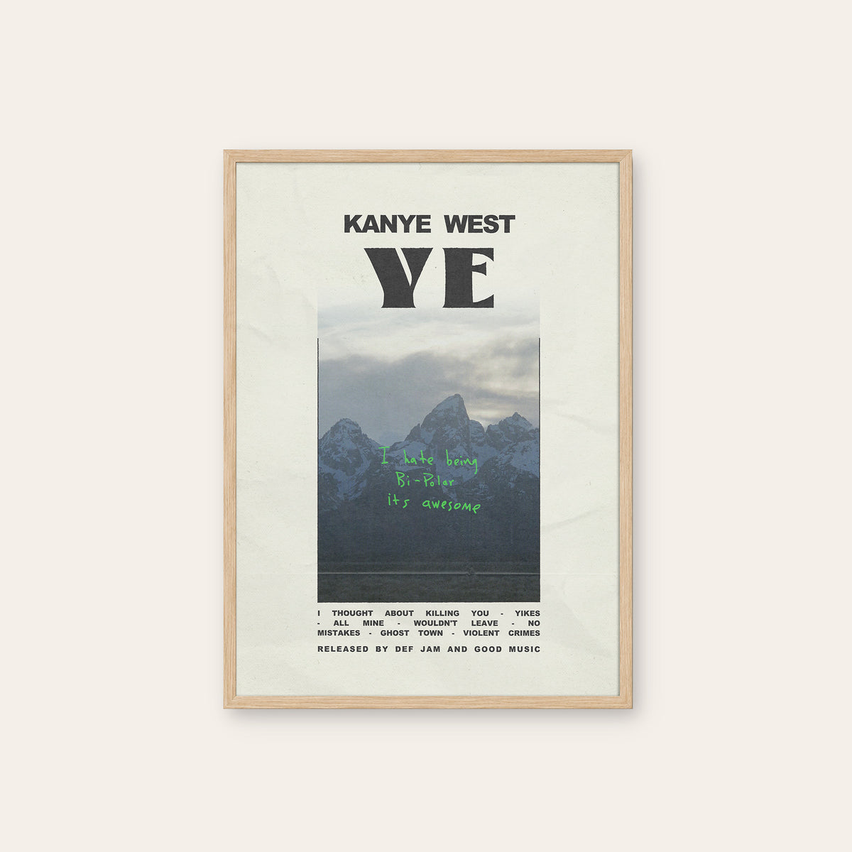 Kanye West Ye album poster — natural wood frame