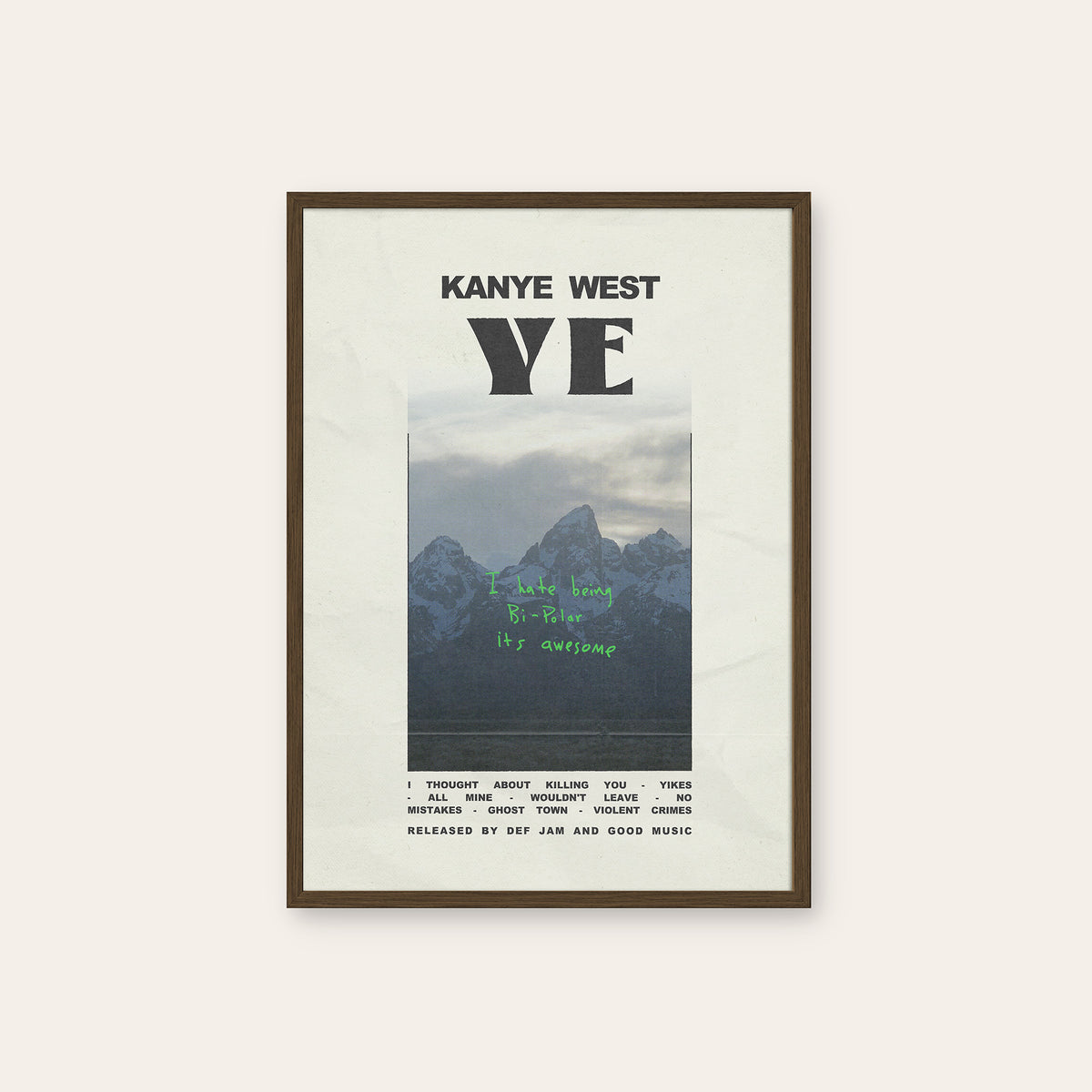 Kanye West Ye album poster — dark wood frame