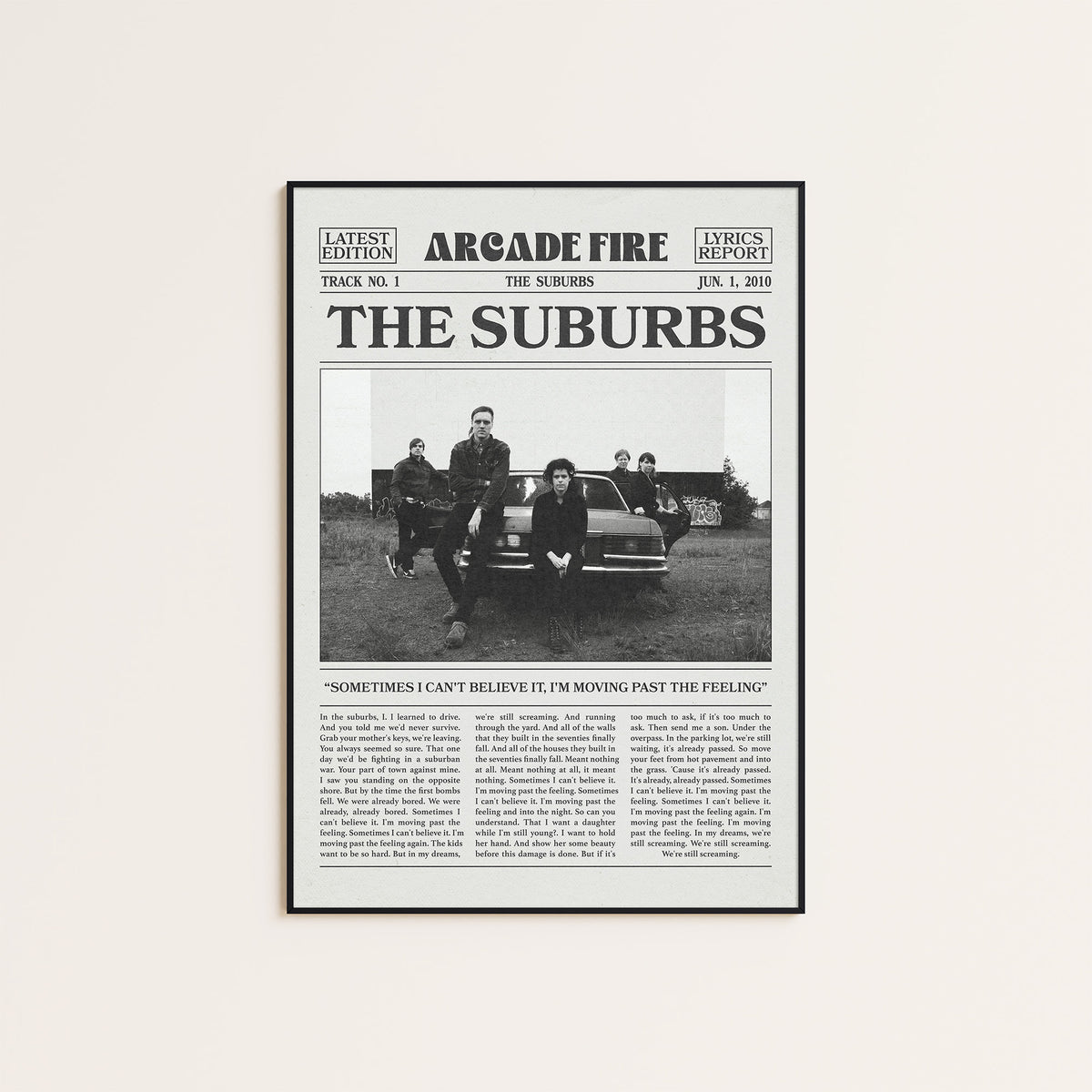 Arcade Fire The Suburbs newspaper poster — black frame display