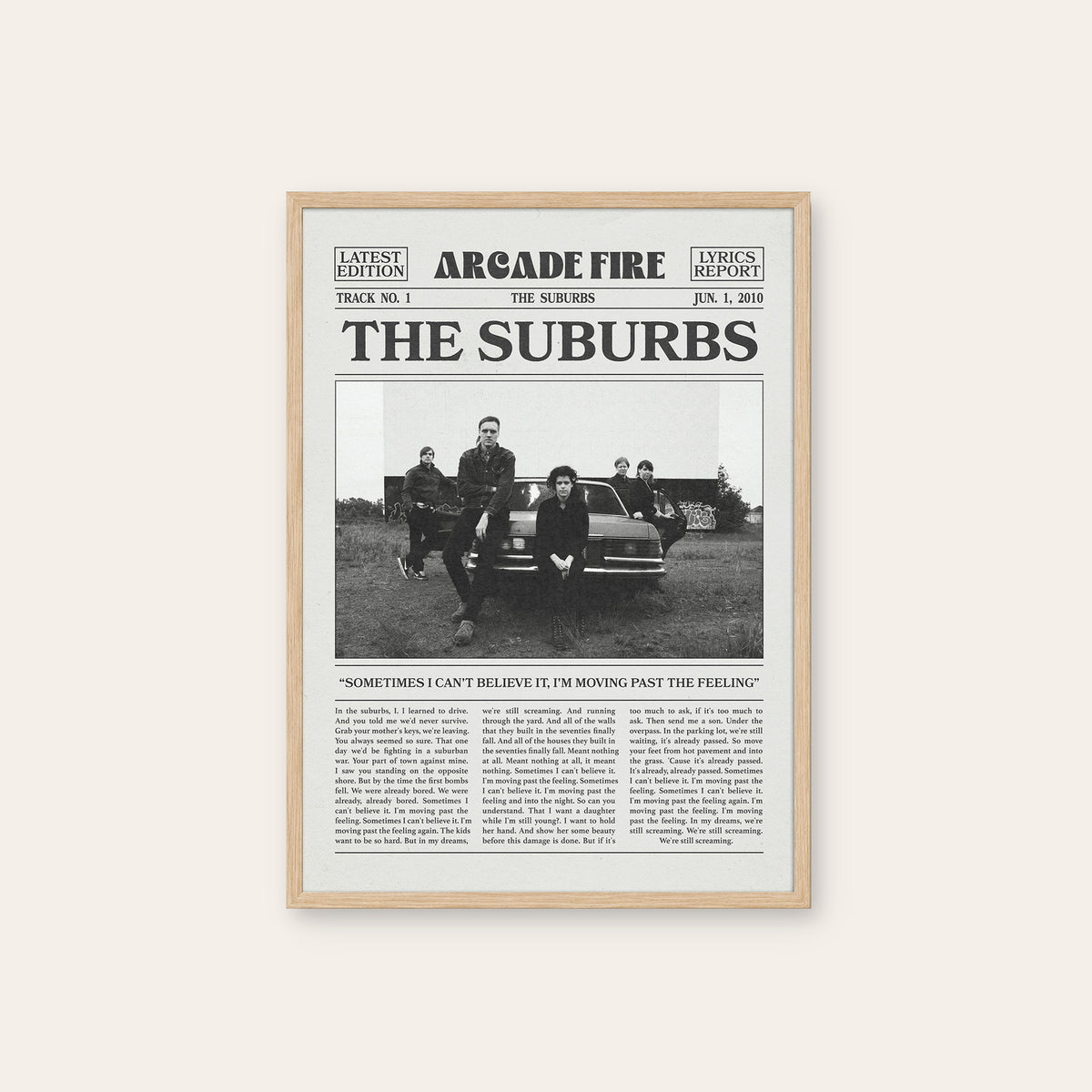 Arcade Fire The Suburbs newspaper poster — natural wood frame