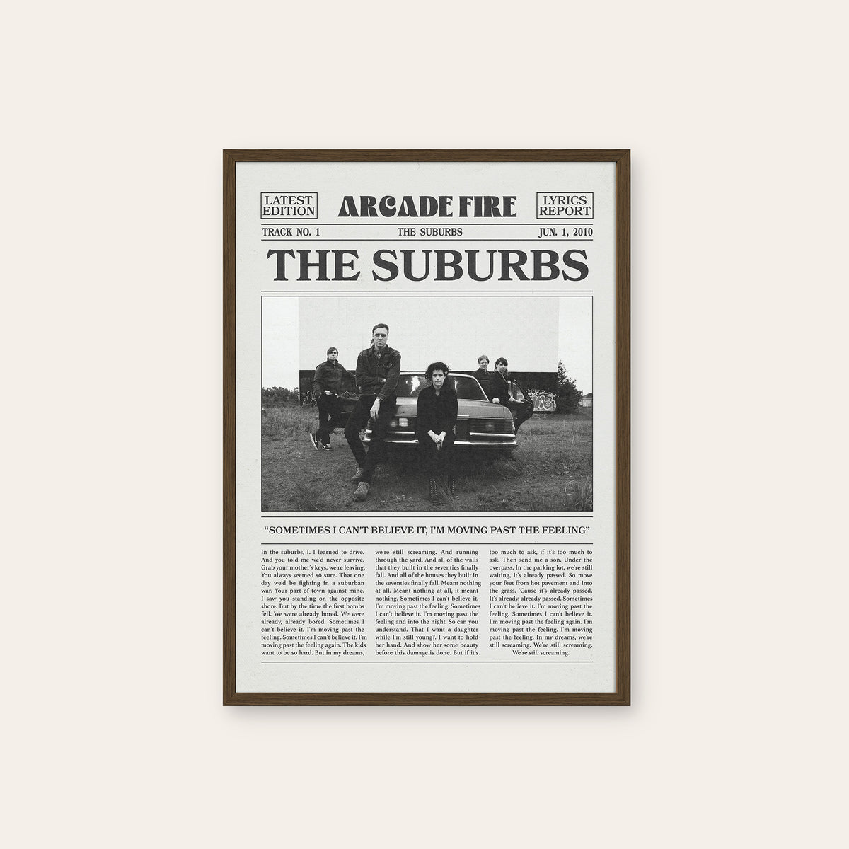 Arcade Fire The Suburbs newspaper poster — dark wood frame