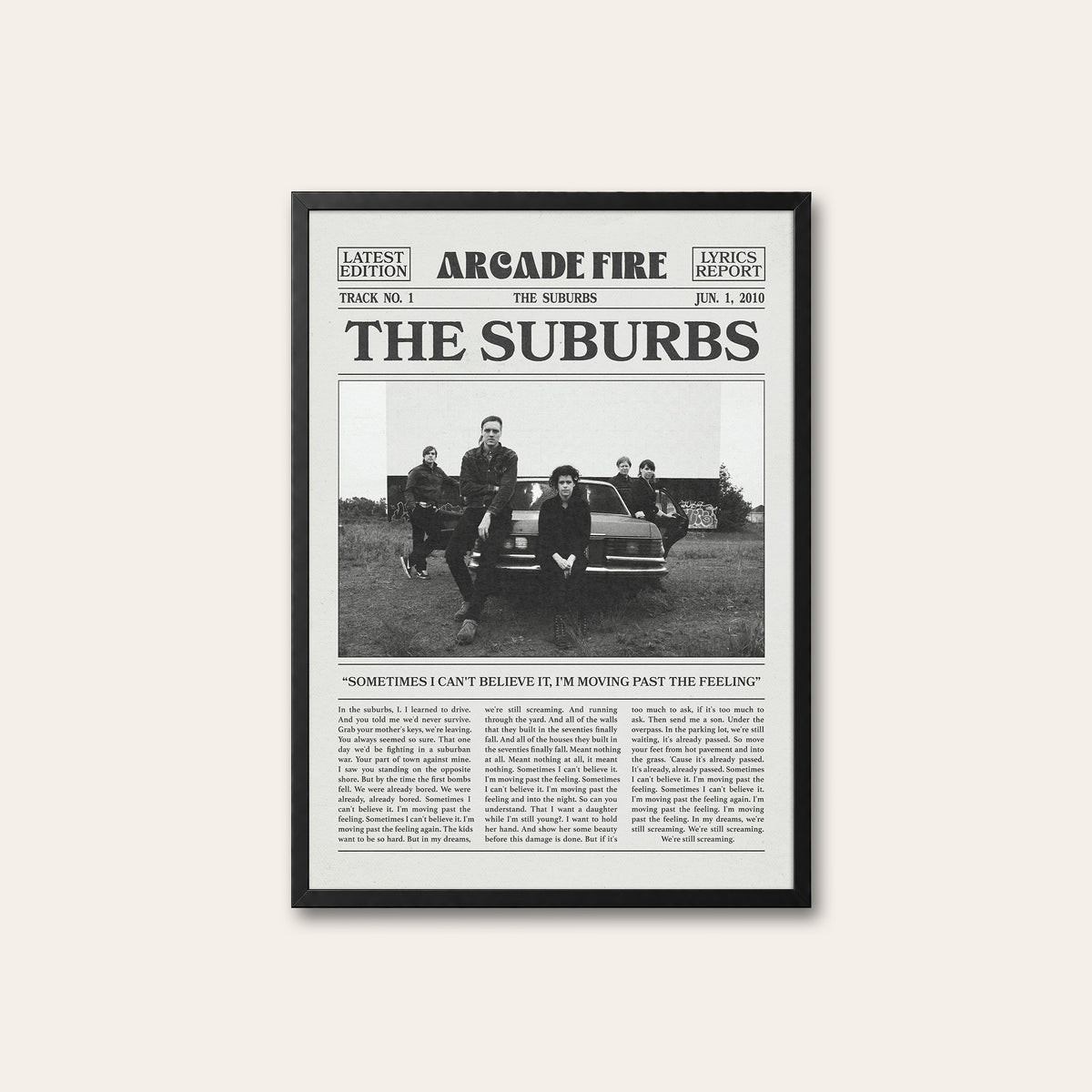 Arcade Fire The Suburbs newspaper poster — black frame