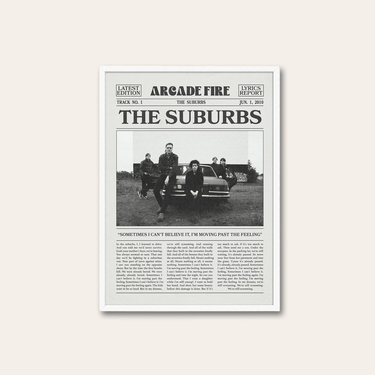 Arcade Fire The Suburbs newspaper poster — white frame