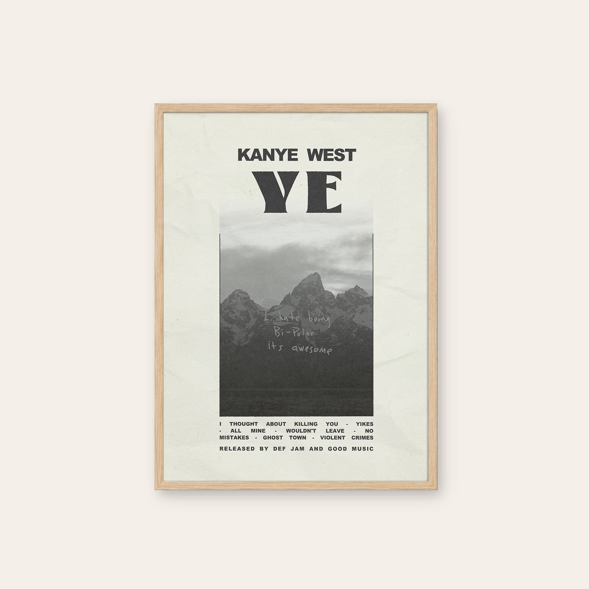 Kanye West Ye album poster — natural wood frame