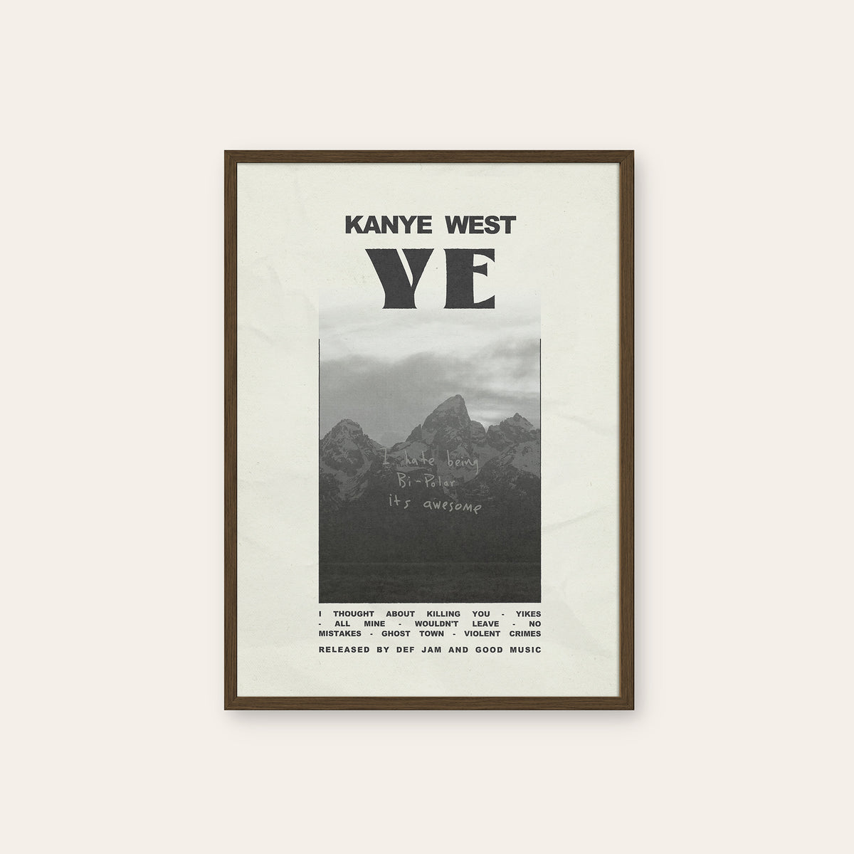 Kanye West Ye album poster — dark wood frame