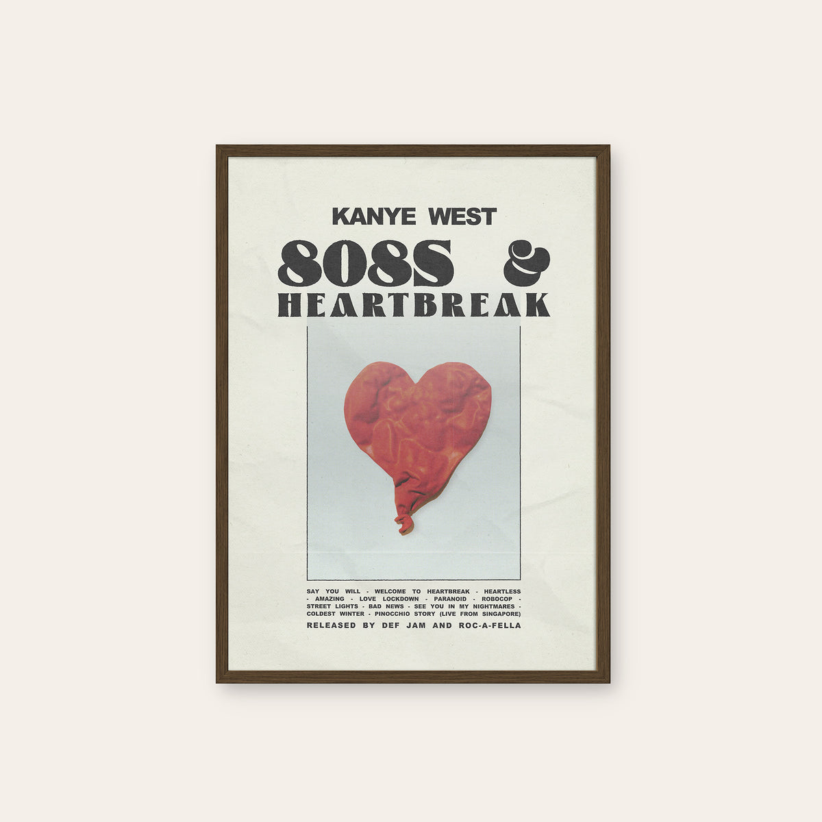 Kanye West 808s & Heartbreak album poster — dark wood frame