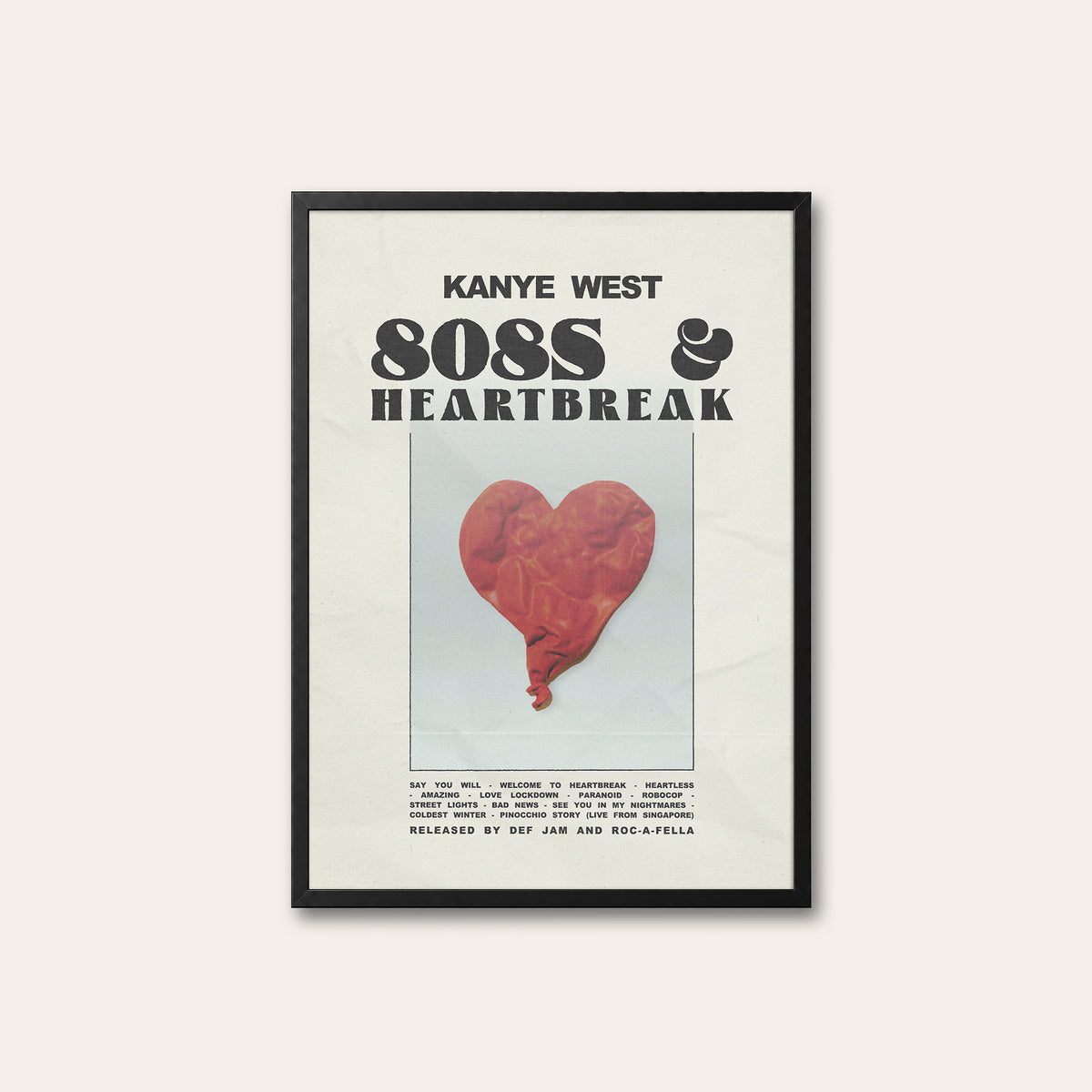 Kanye West 808s & Heartbreak album poster — black frame
