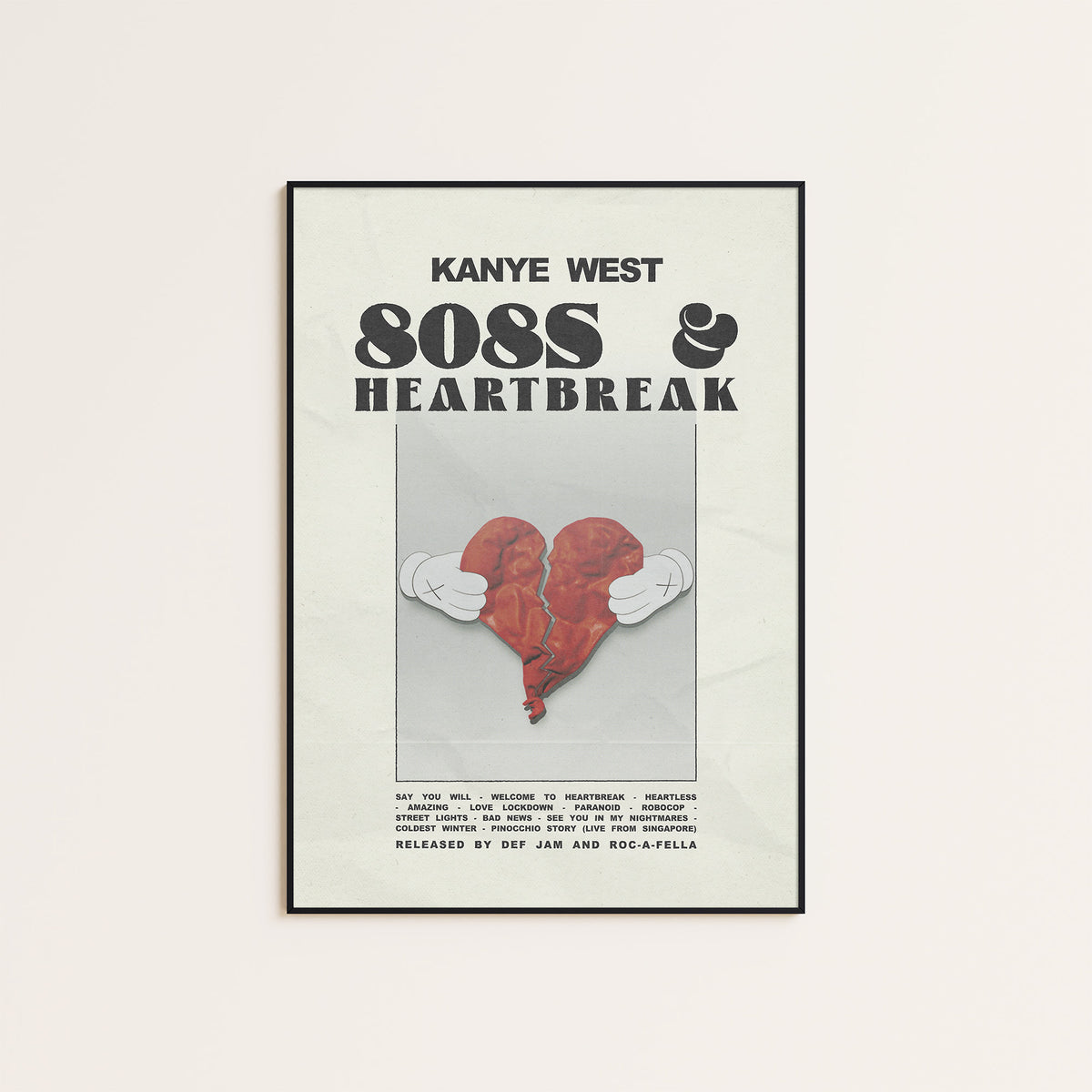 Kanye West 808s & Heartbreak album poster — black frame display