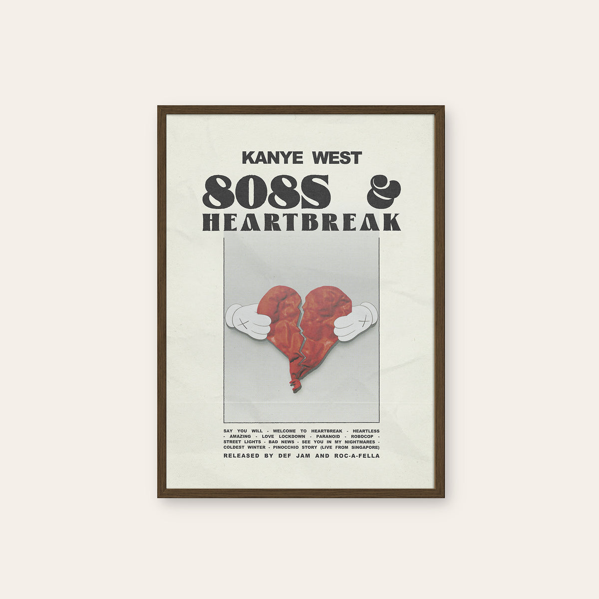Kanye West 808s & Heartbreak album poster — dark wood frame
