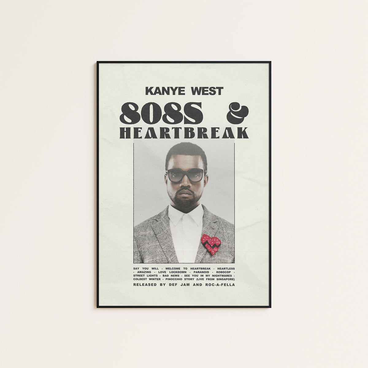Kanye West 808s & Heartbreak album poster — black frame display