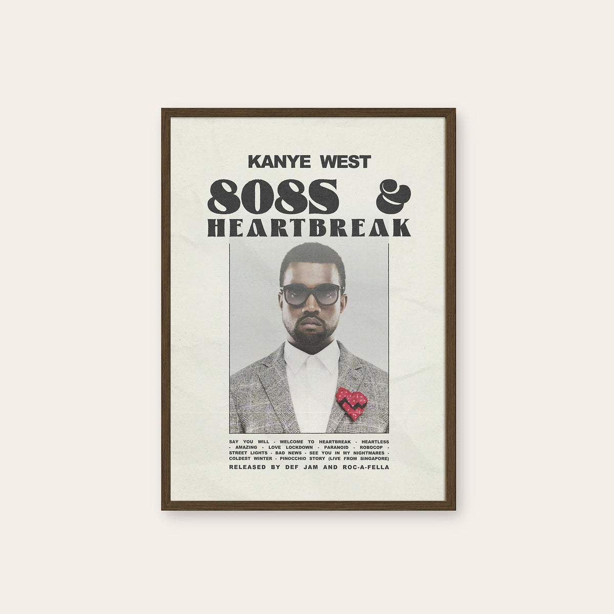 Kanye West 808s & Heartbreak album poster — dark wood frame