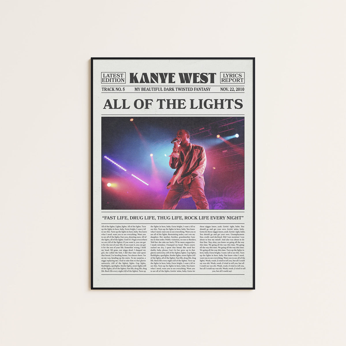 Kanye West All of the Lights newspaper poster — black frame display