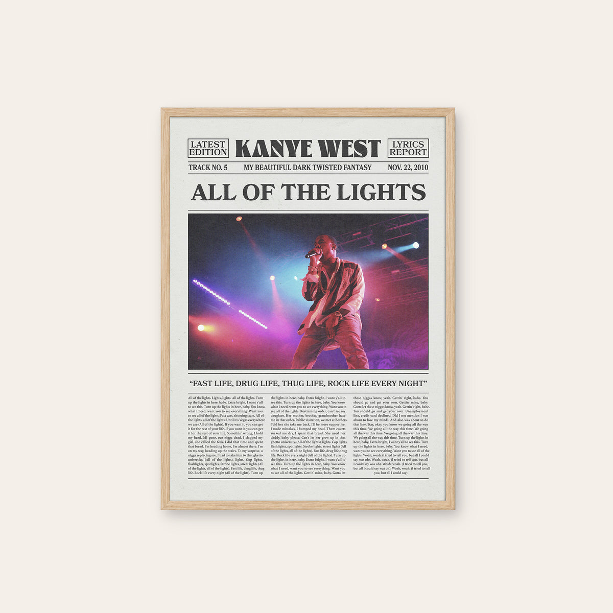 Kanye West All of the Lights newspaper poster — natural wood frame