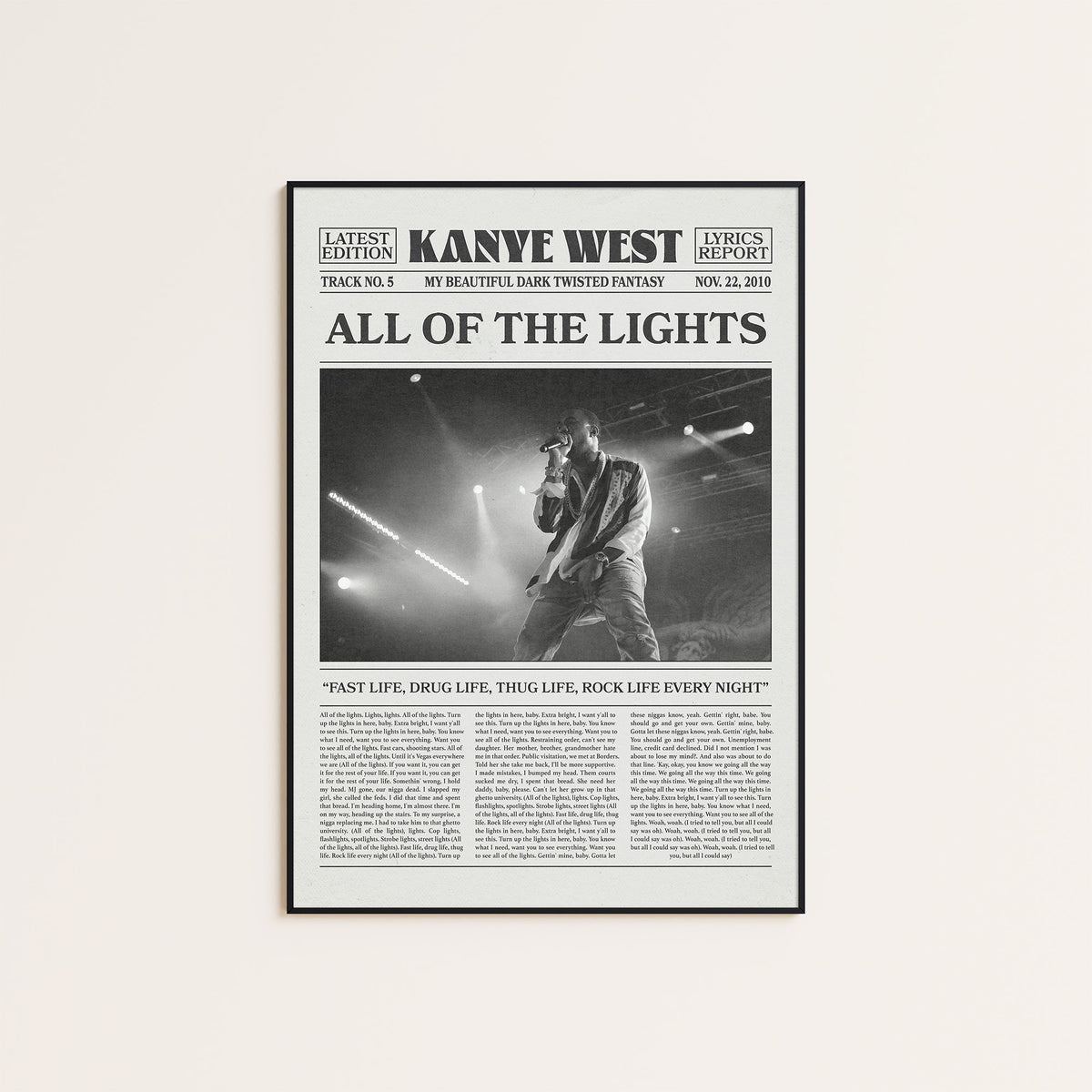 Kanye West All of the Lights newspaper poster — black frame display