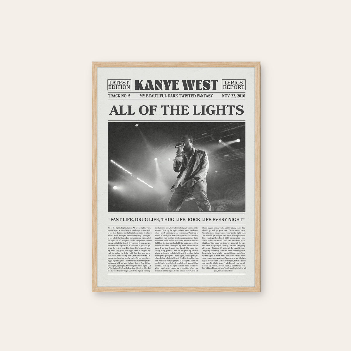 Kanye West All of the Lights newspaper poster — natural wood frame