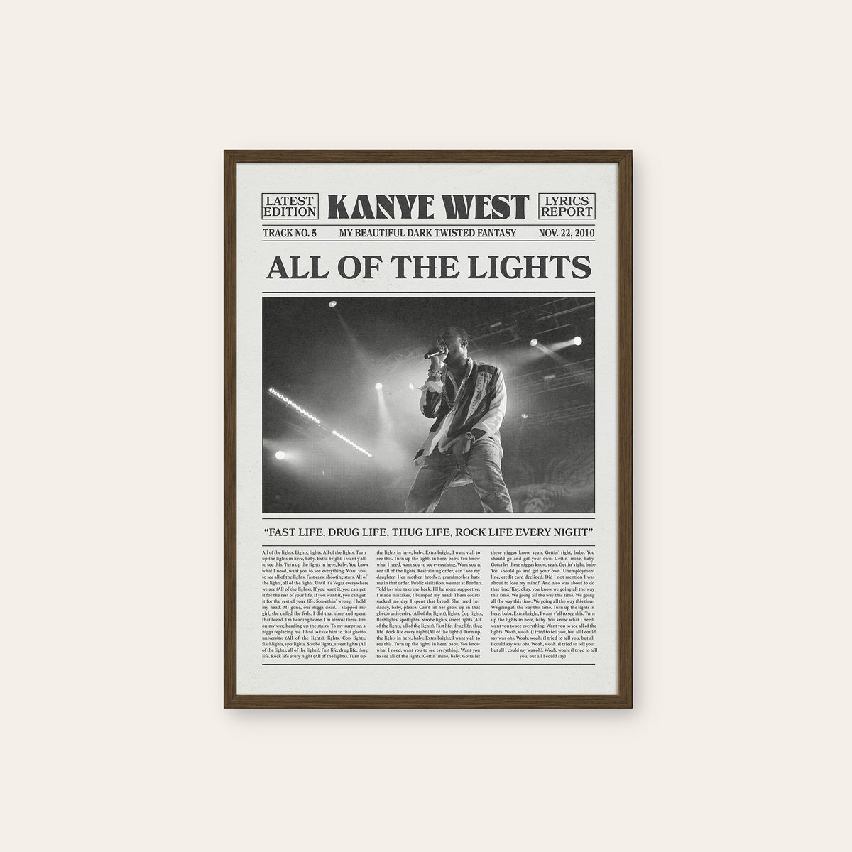 Kanye West All of the Lights newspaper poster — dark wood frame