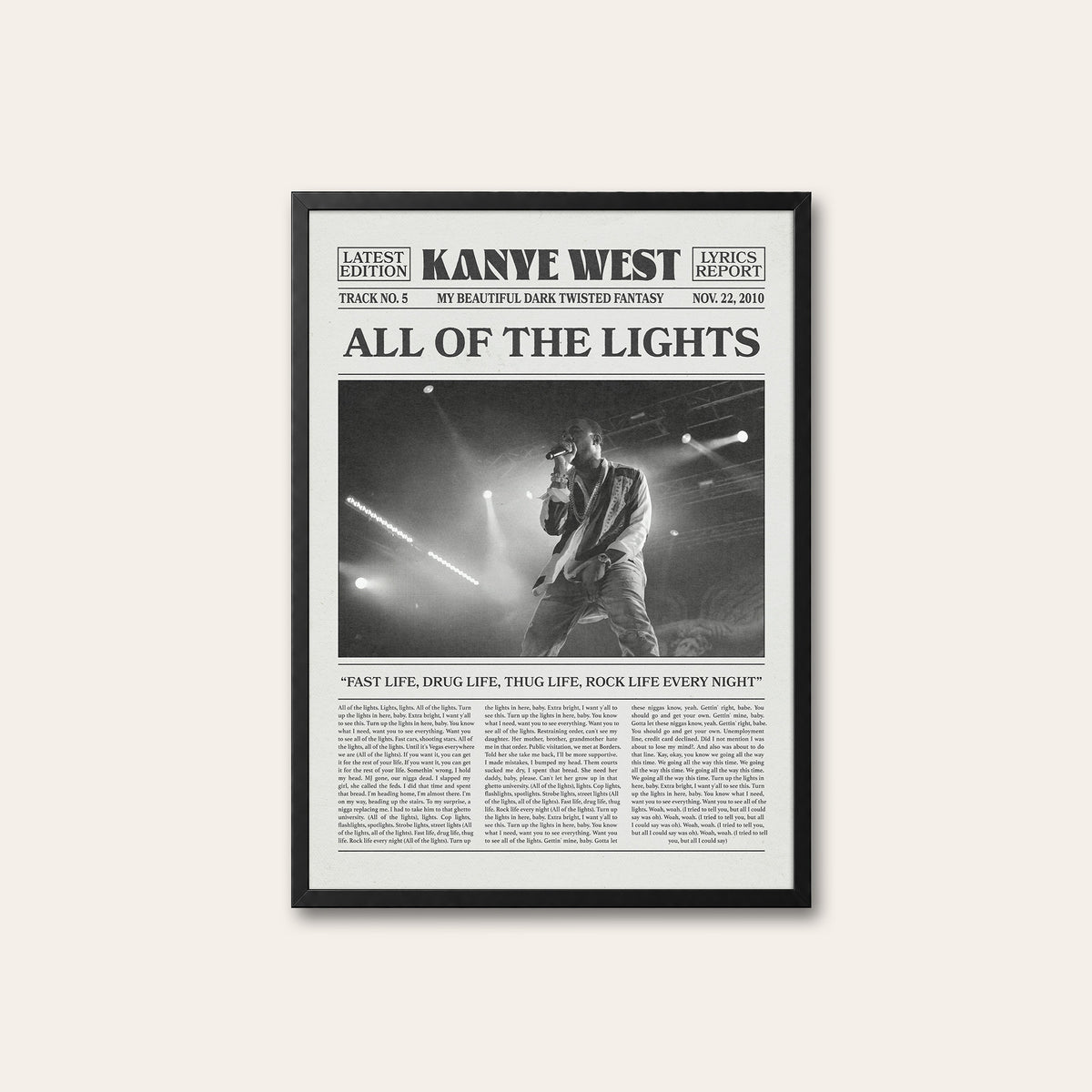 Kanye West All of the Lights newspaper poster — black frame