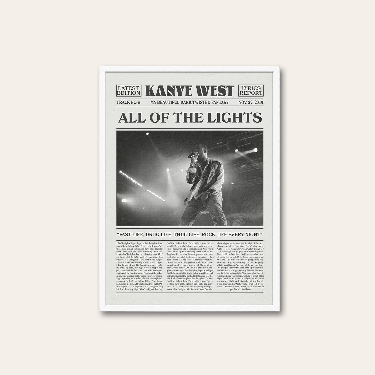 Kanye West All of the Lights newspaper poster — white frame