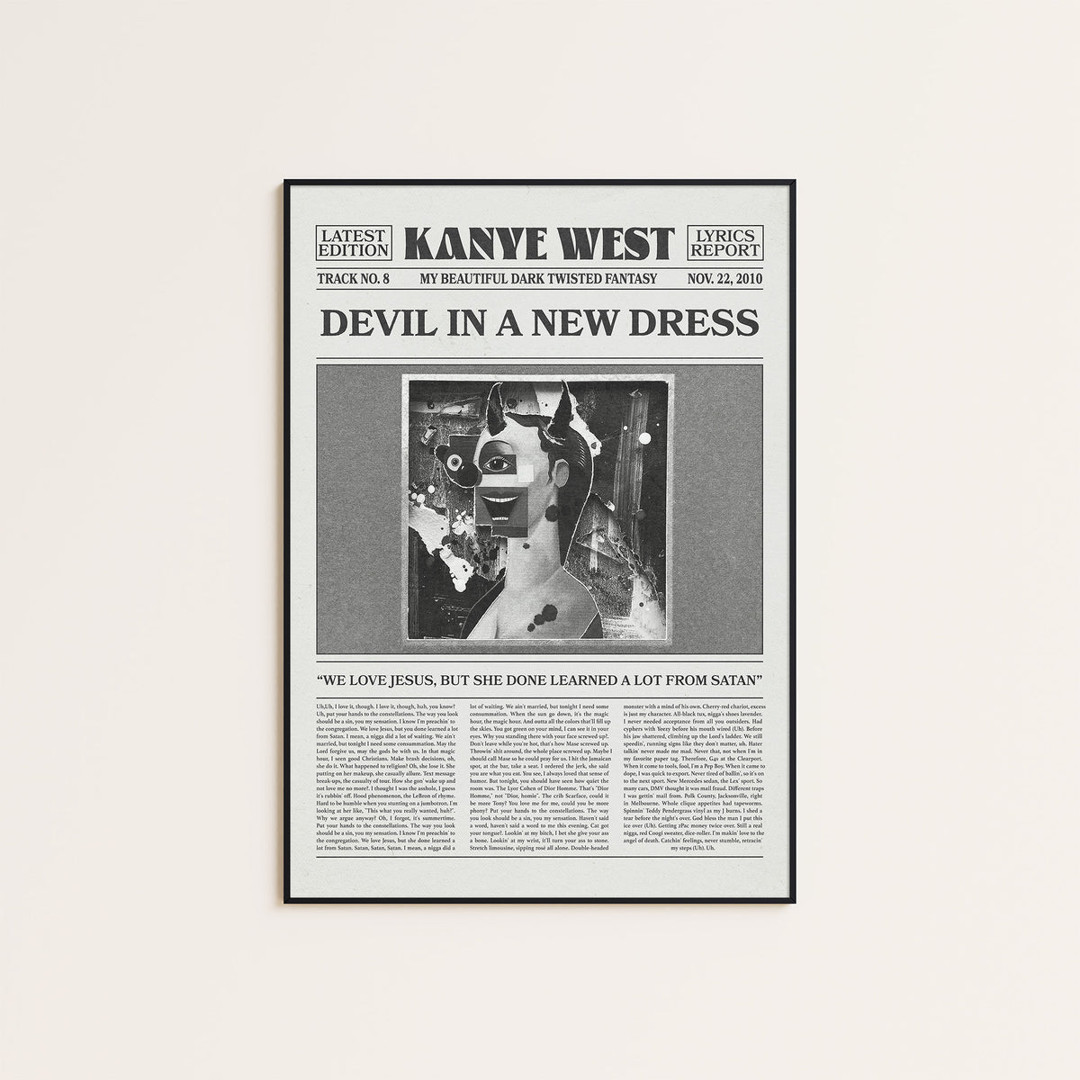 Kanye West Devil in a New Dress newspaper poster — black frame display
