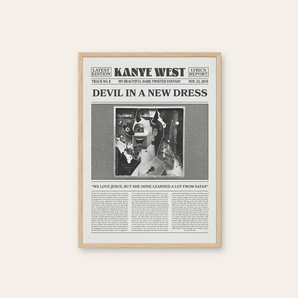 Kanye West Devil in a New Dress newspaper poster — natural wood frame
