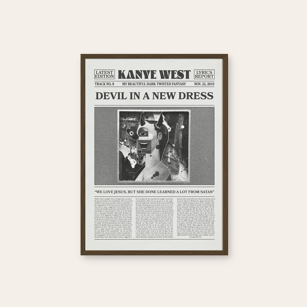 Kanye West Devil in a New Dress newspaper poster — dark wood frame