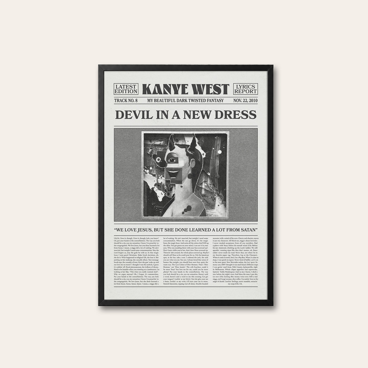 Kanye West Devil in a New Dress newspaper poster — black frame