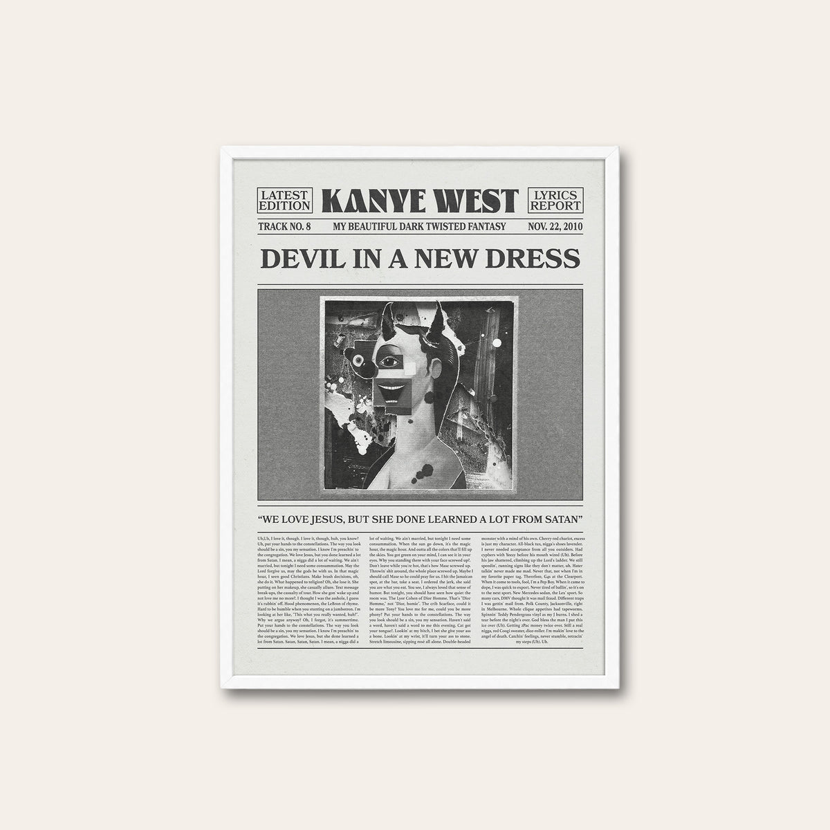 Kanye West Devil in a New Dress newspaper poster — white frame