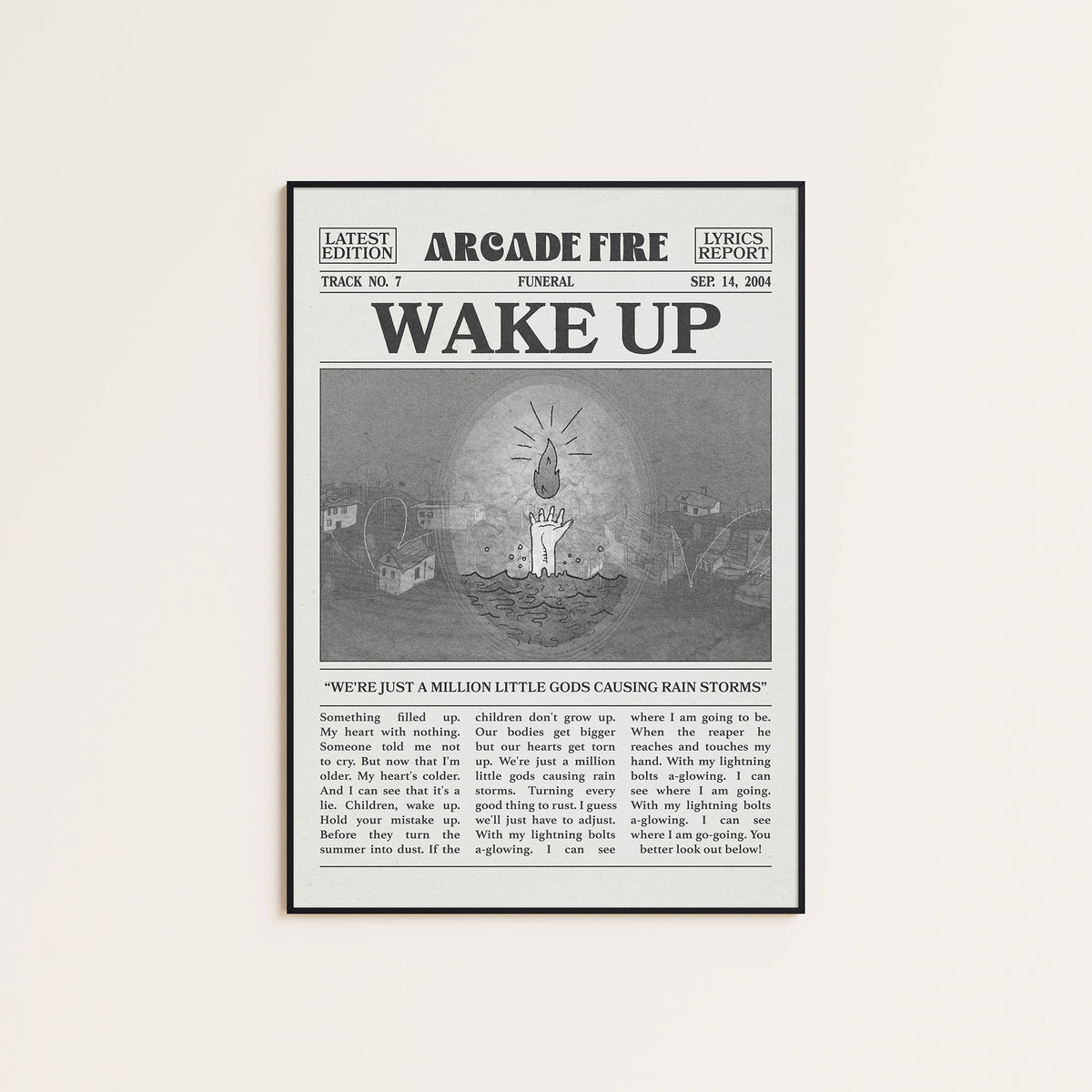 Arcade Fire Wake Up newspaper poster — black frame display