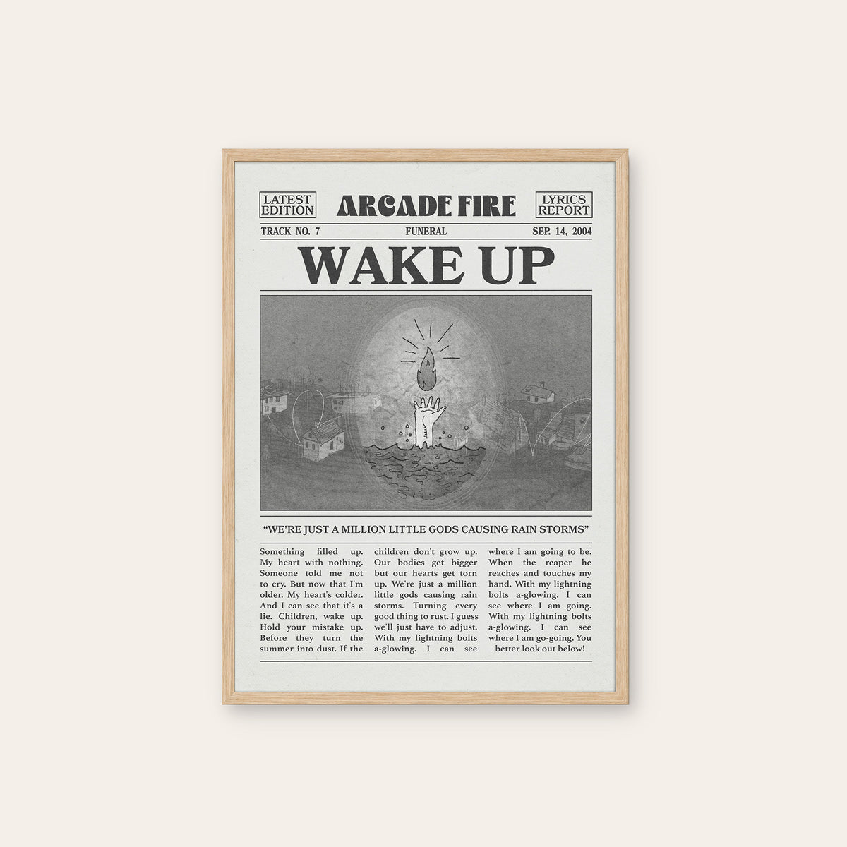Arcade Fire Wake Up newspaper poster — natural wood frame