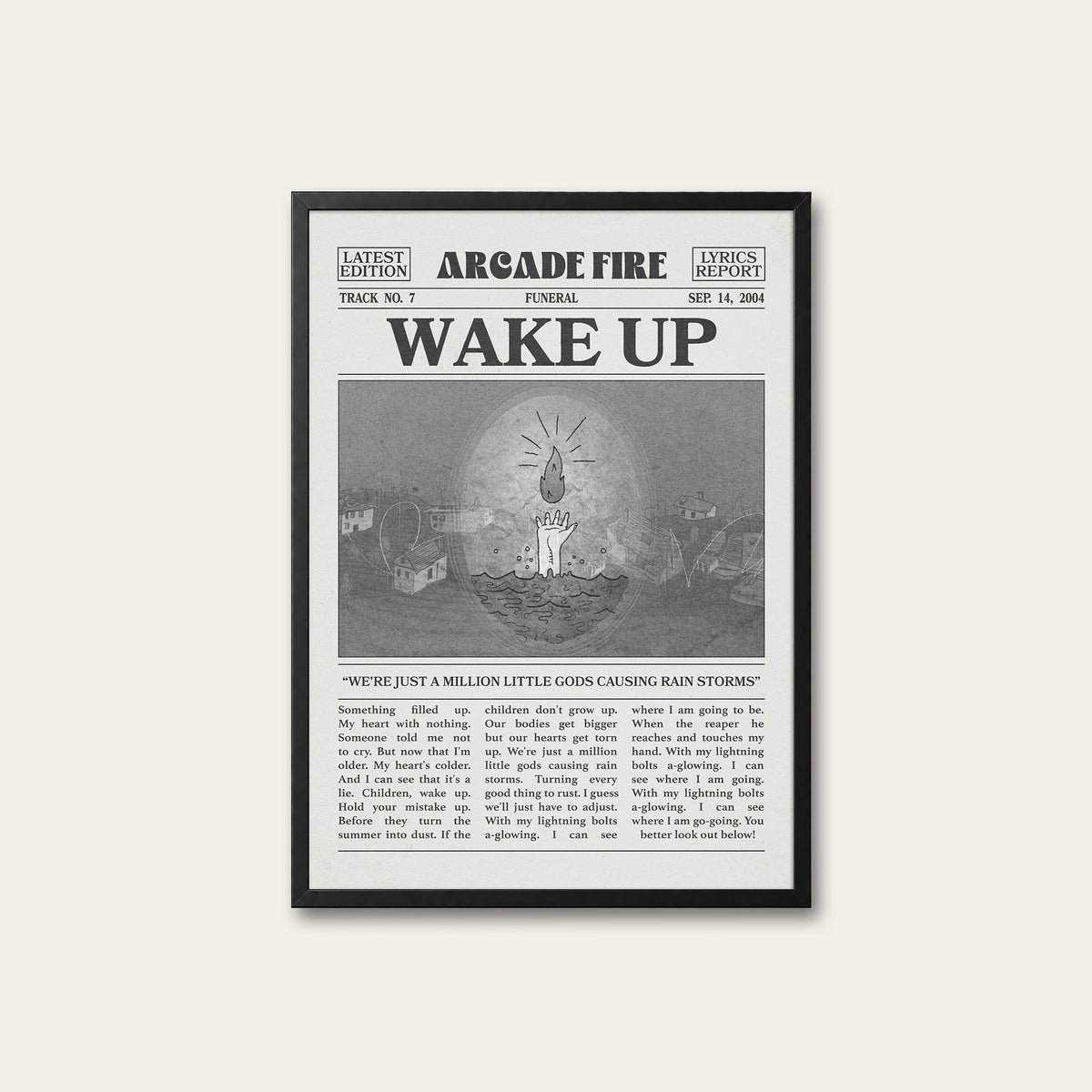 Arcade Fire Wake Up newspaper poster — black frame