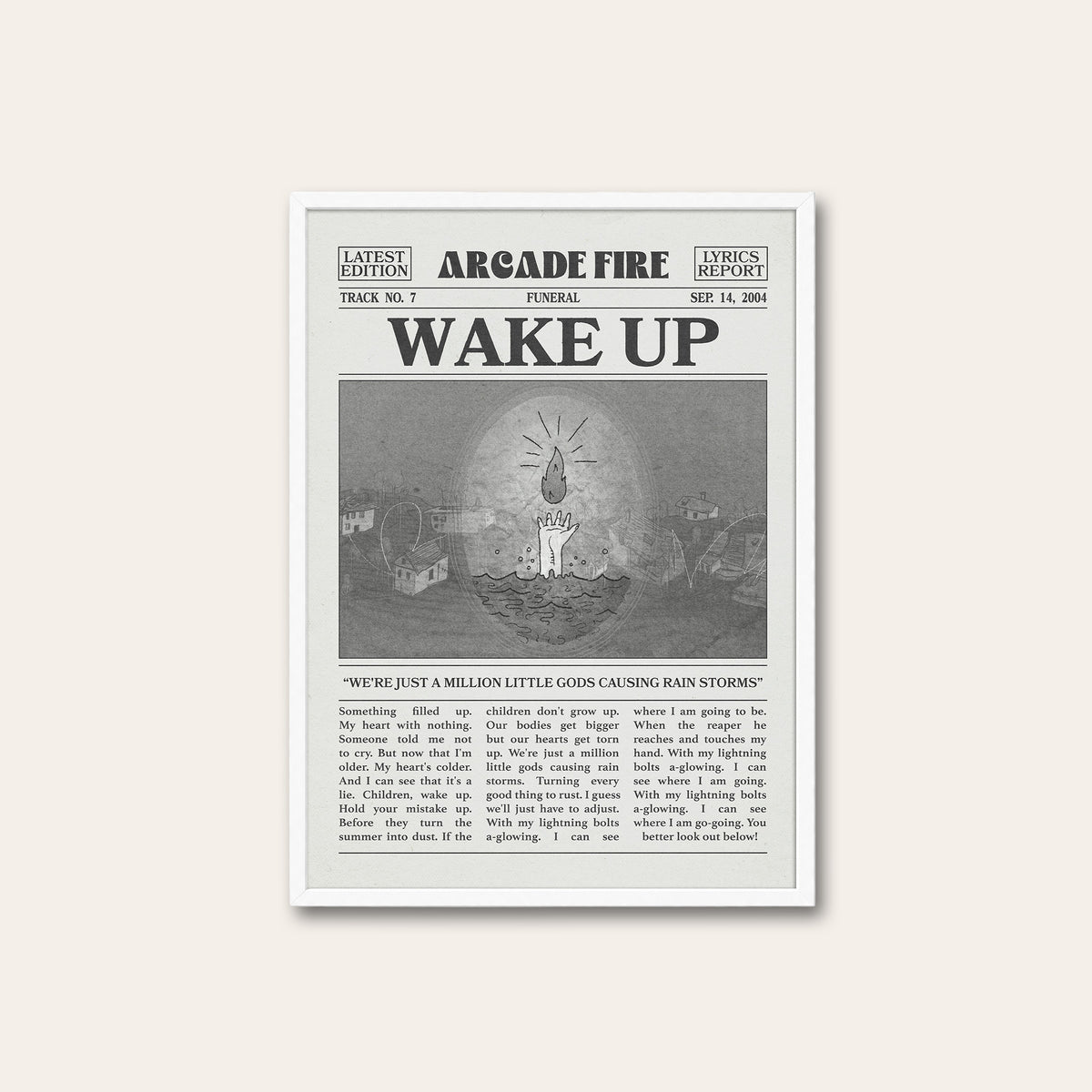 Arcade Fire Wake Up newspaper poster — white frame