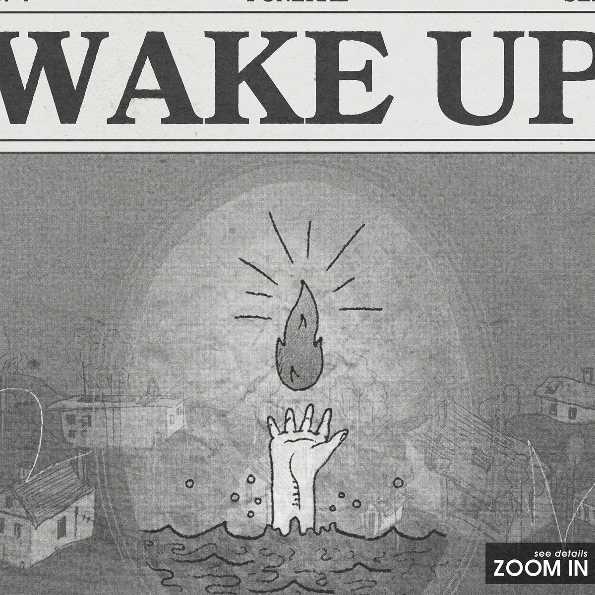 Arcade Fire Wake Up newspaper poster — close-up detail