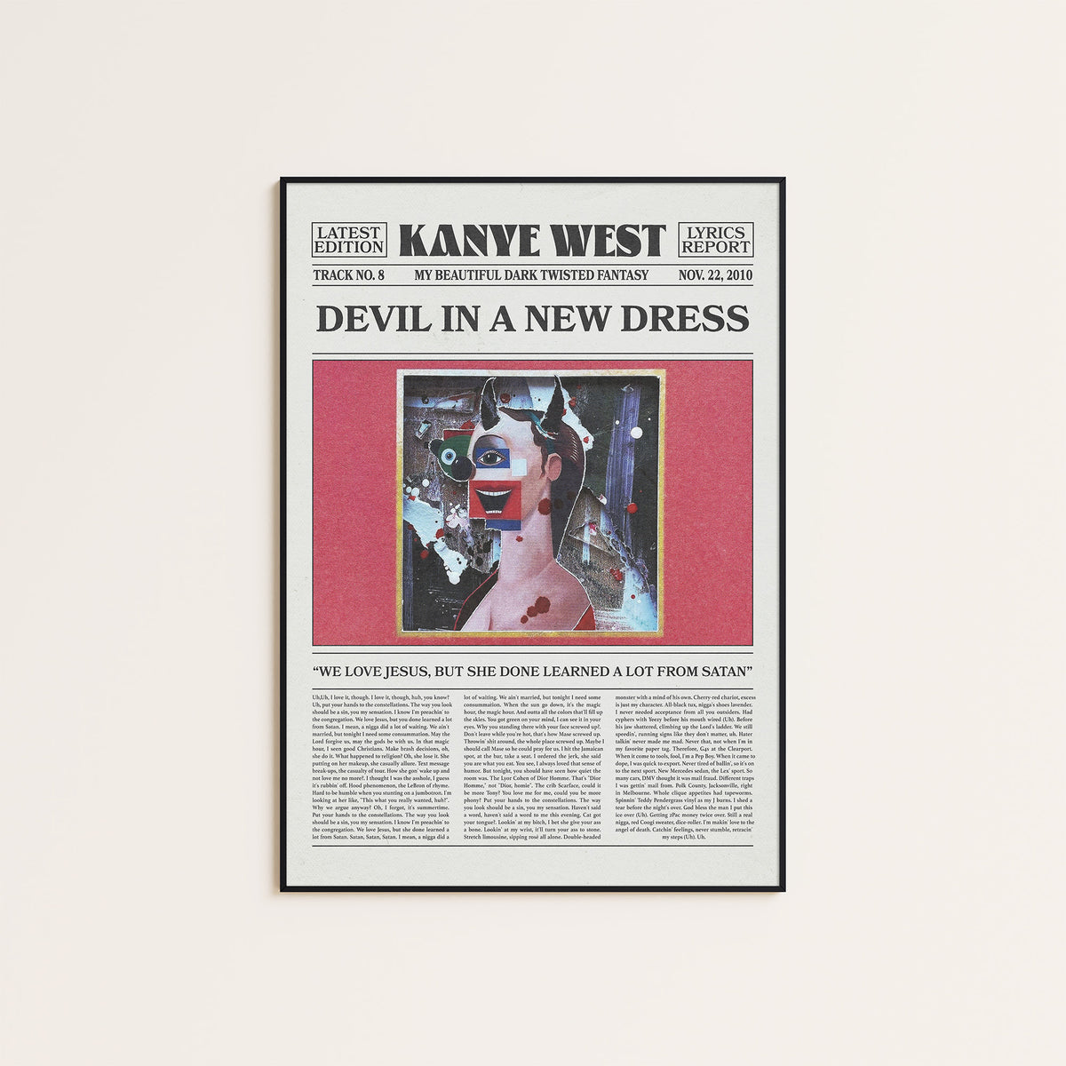 Kanye West Devil in a New Dress newspaper poster — black frame display