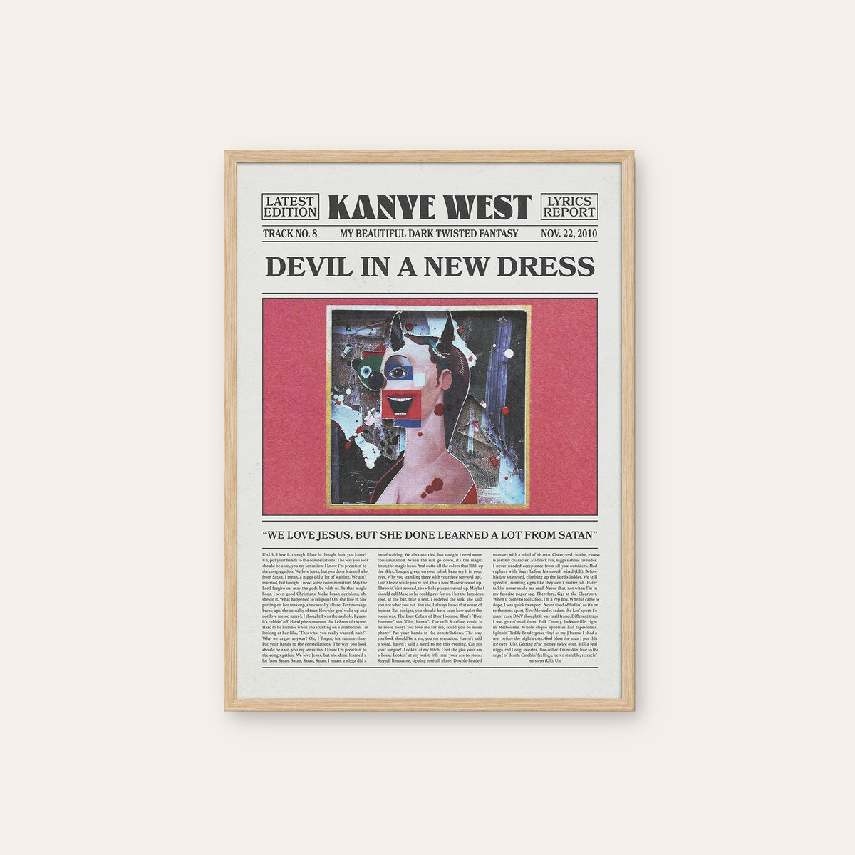 Kanye West Devil in a New Dress newspaper poster — natural wood frame