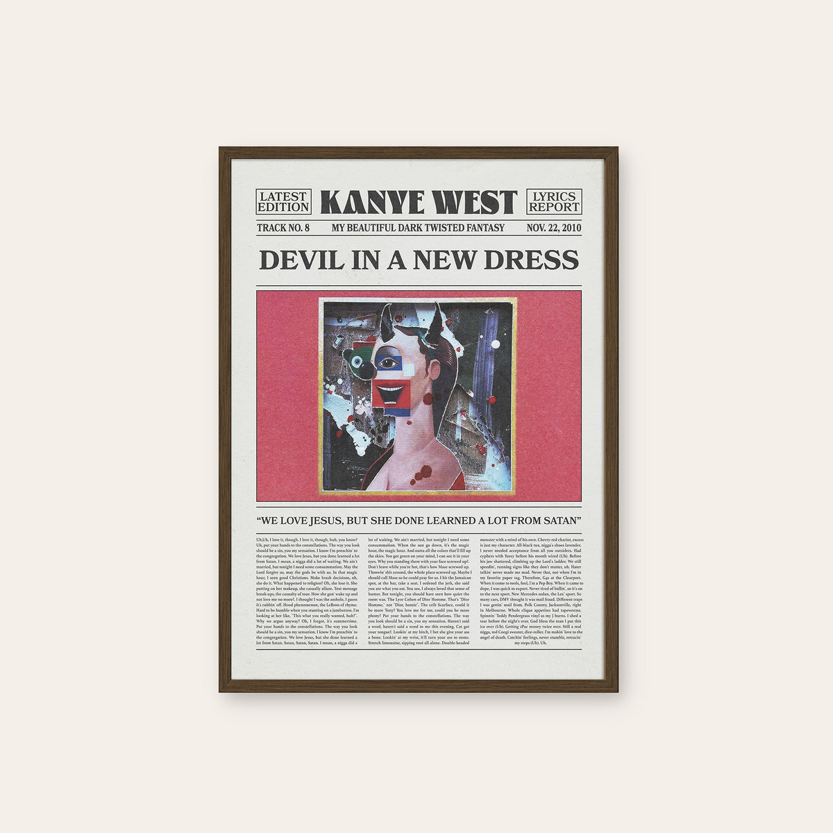 Kanye West Devil in a New Dress newspaper poster — dark wood frame