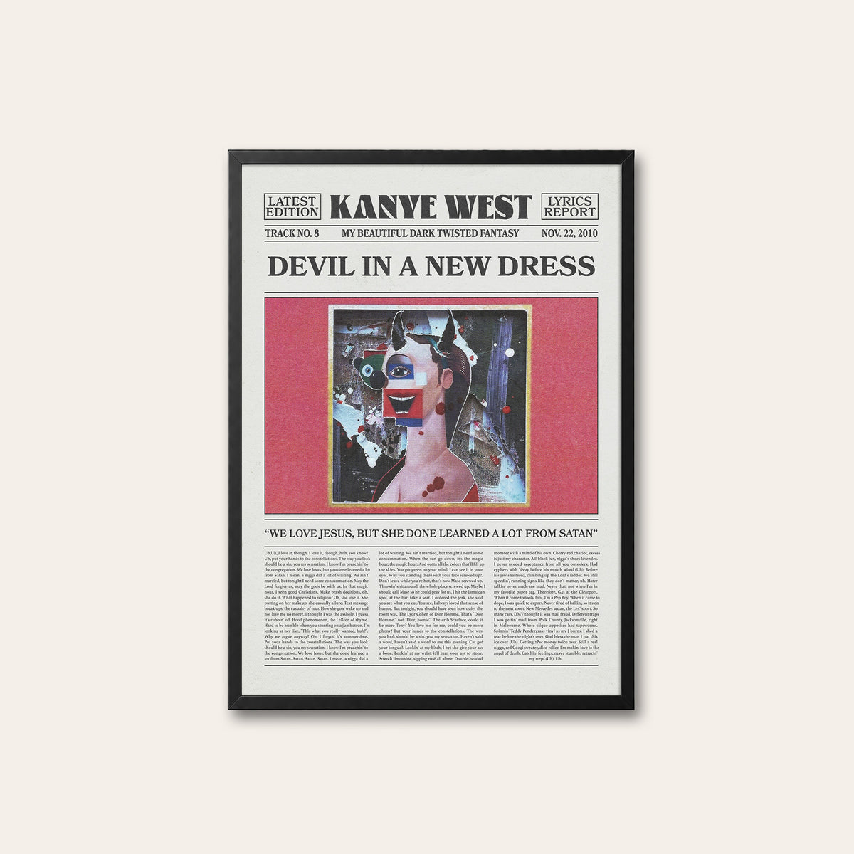 Kanye West Devil in a New Dress newspaper poster — black frame